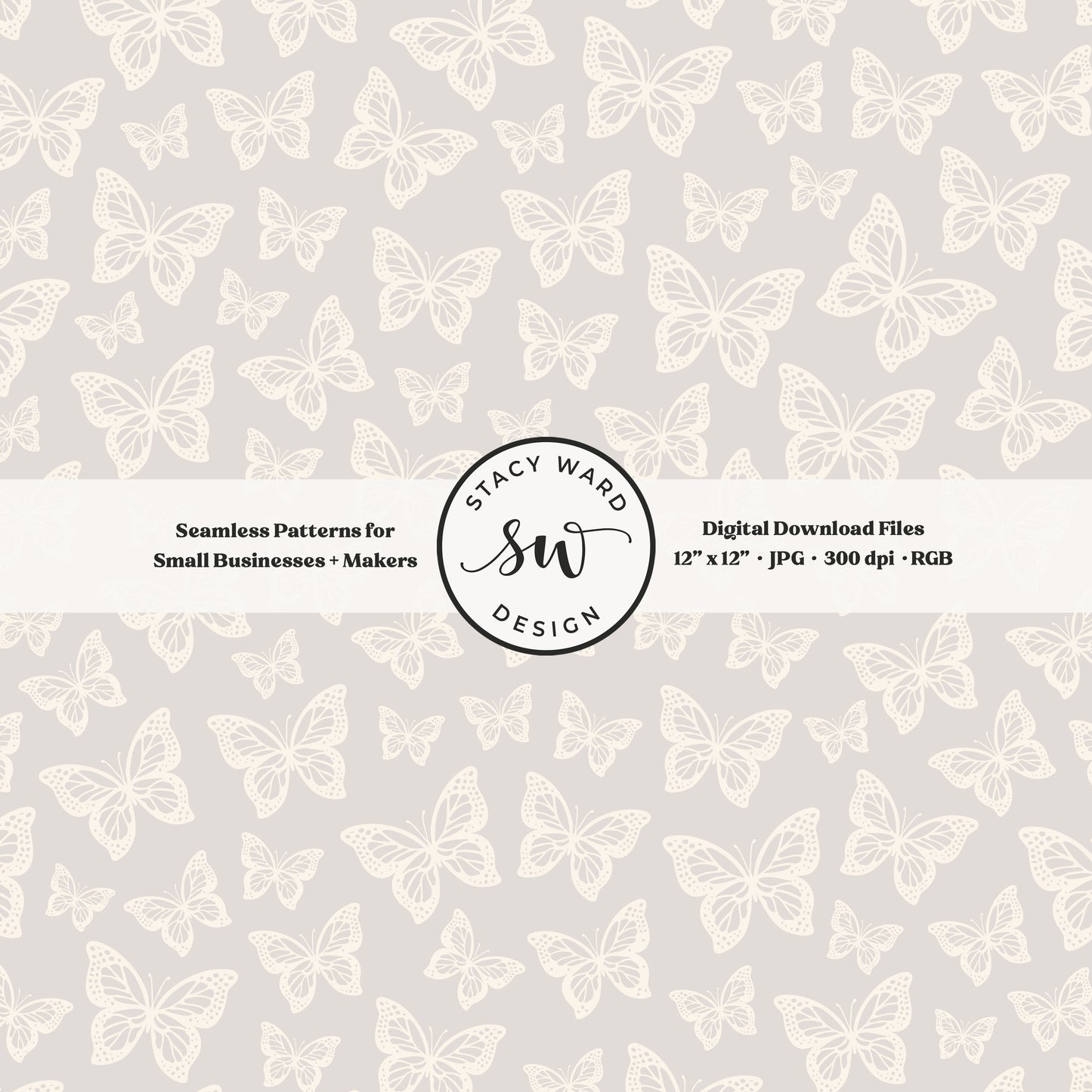Simple butterfly illustration seamless pattern in cream on soft pale greige small vintage inspired butterflies