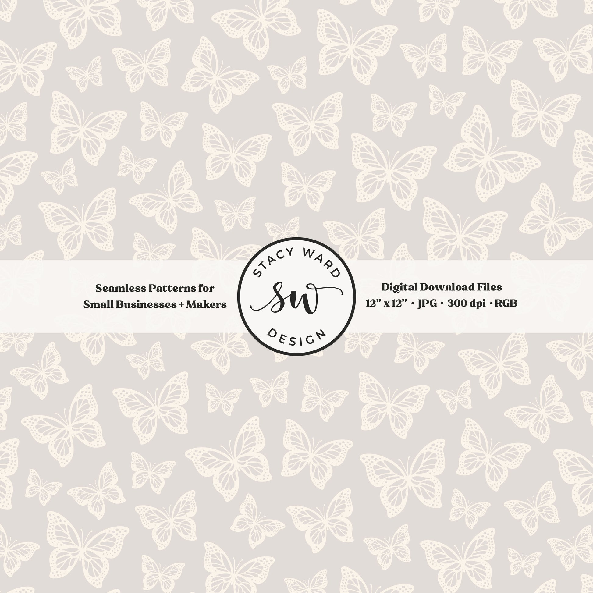 Simple butterfly illustration seamless pattern in cream on soft pale greige small vintage inspired butterflies