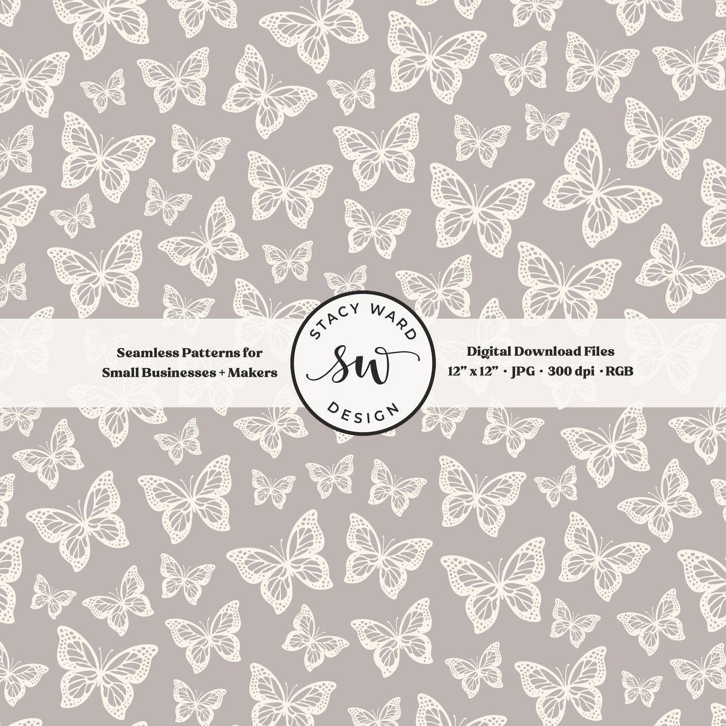 Simple butterfly illustration seamless pattern in cream on neutral grayish brown small vintage inspired butterflies