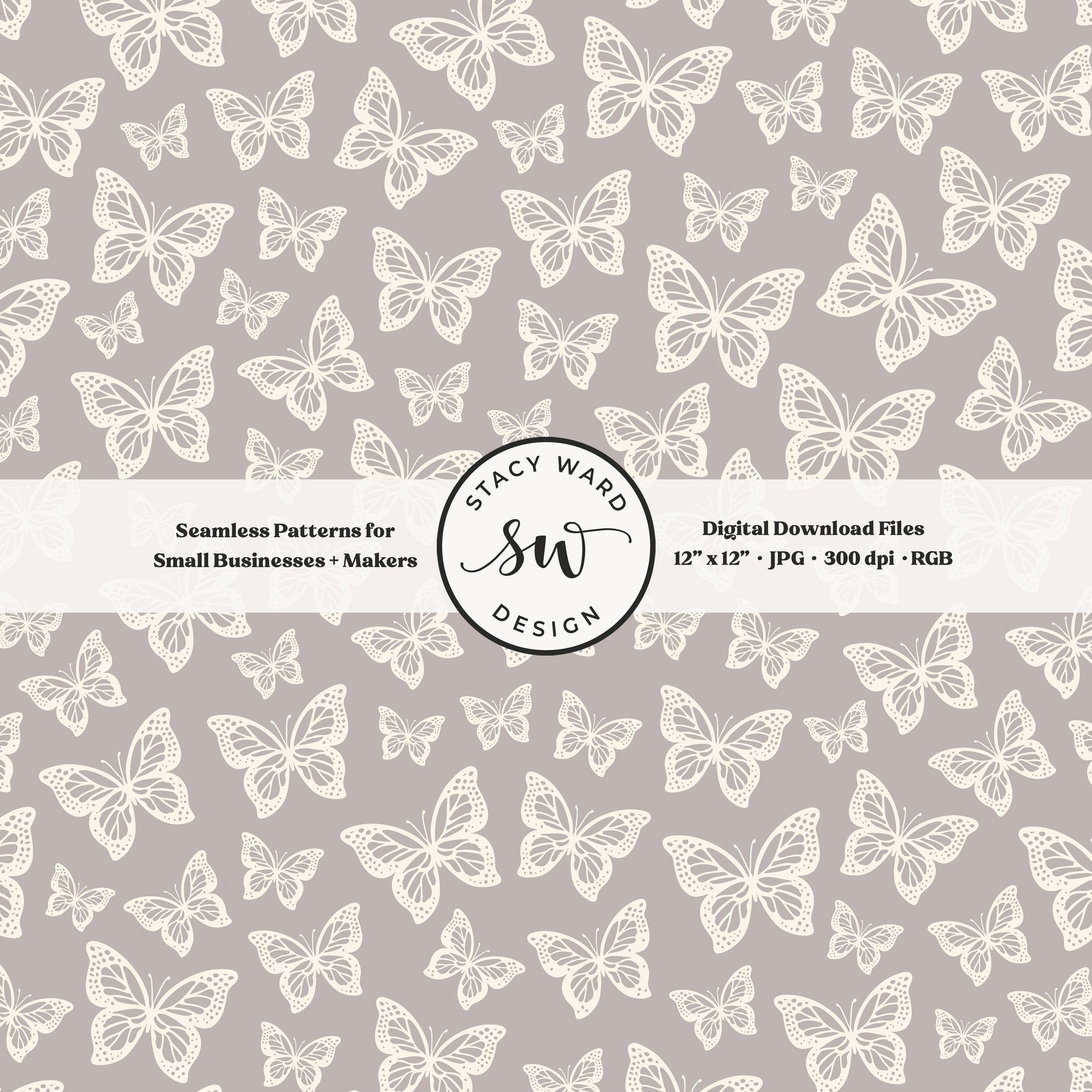 Simple butterfly illustration seamless pattern in cream on neutral grayish brown small vintage inspired butterflies
