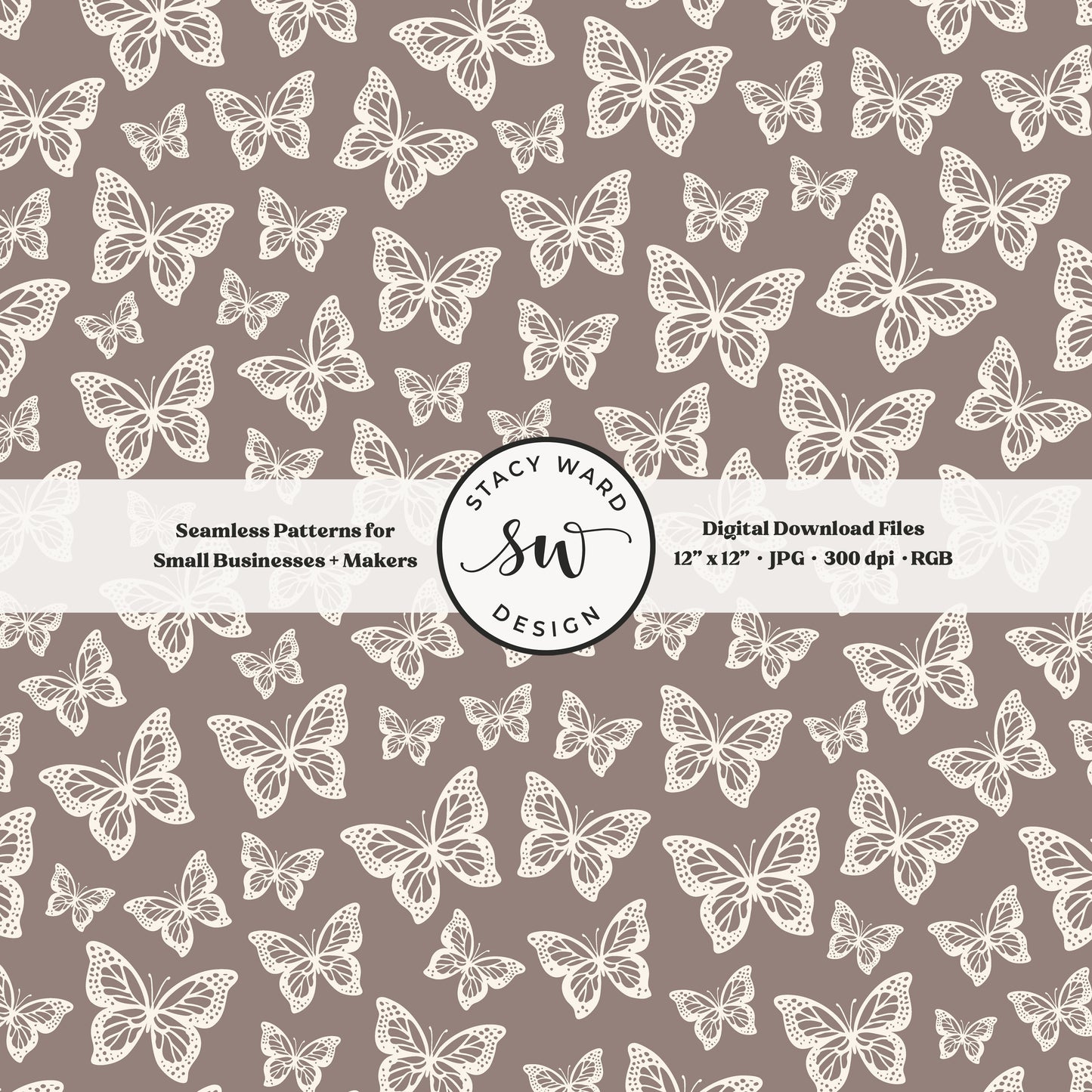 Simple butterfly illustration seamless pattern in cream on grayish brown taupe beige small vintage inspired butterflies