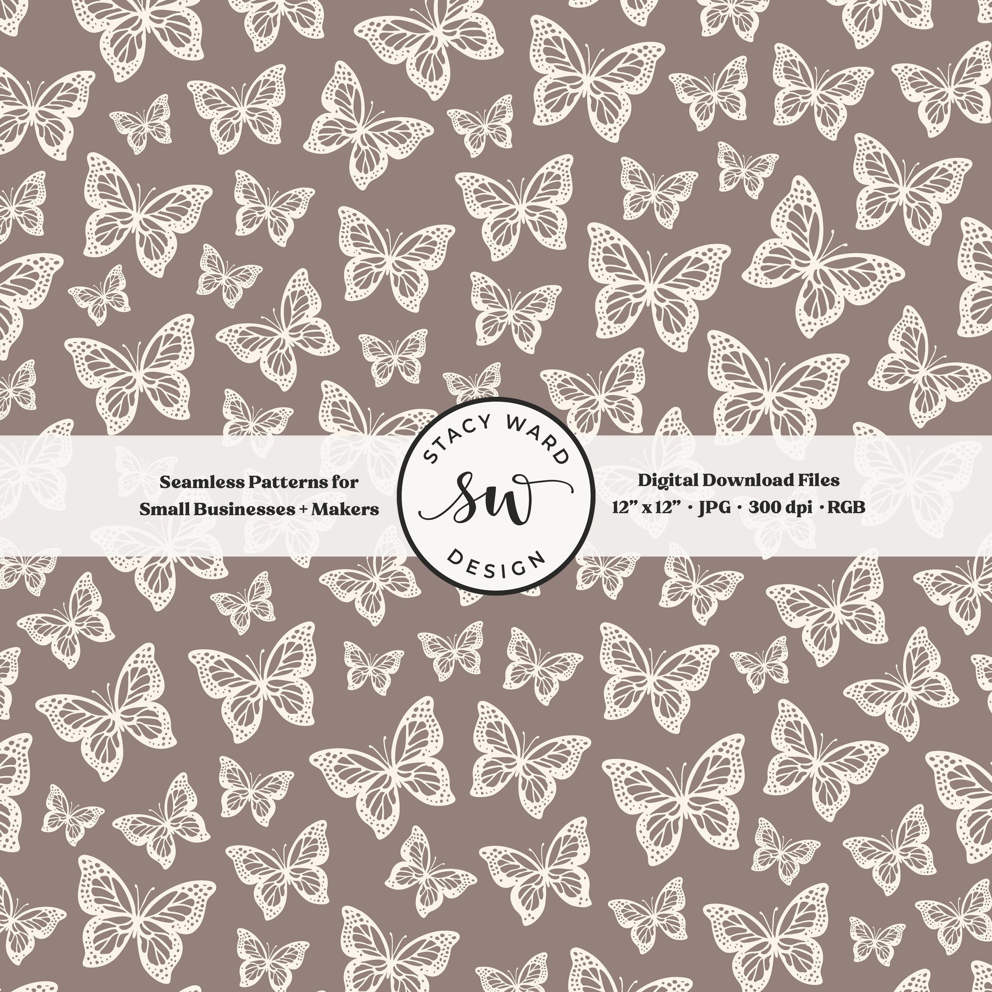 Simple butterfly illustration seamless pattern in cream on grayish brown taupe beige small vintage inspired butterflies