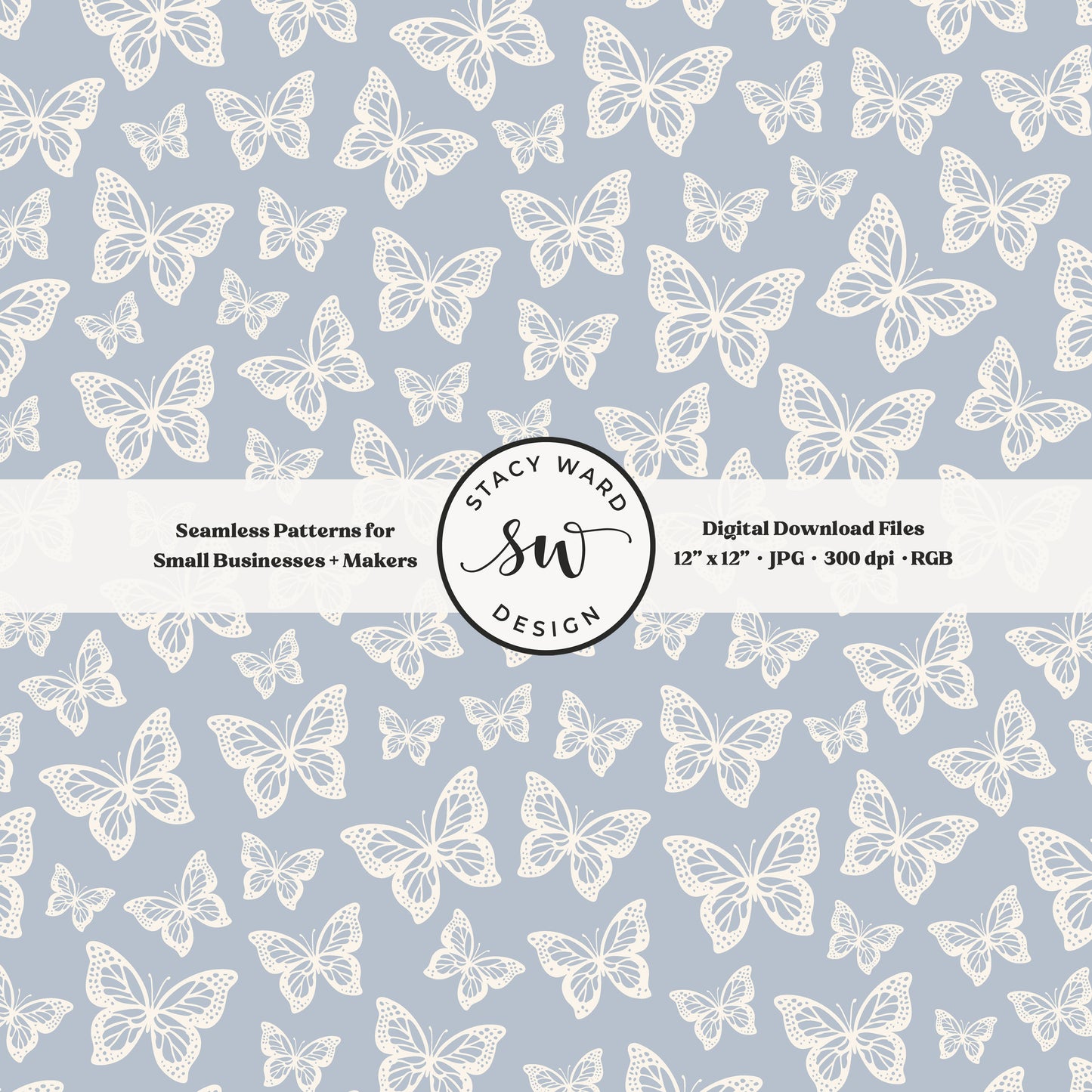 Simple butterfly illustration seamless pattern in cream on preppy coastal blue small vintage inspired butterflies