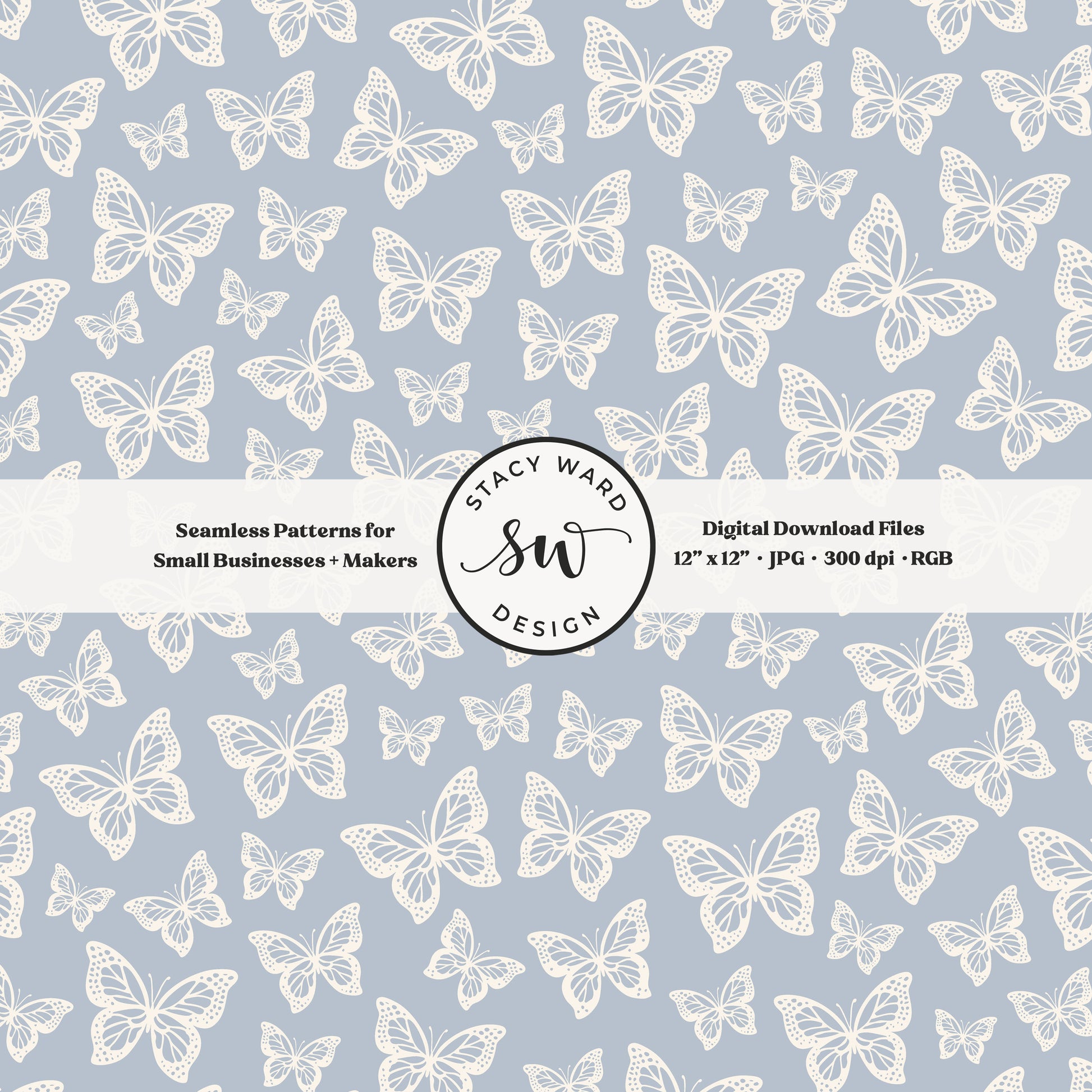 Simple butterfly illustration seamless pattern in cream on preppy coastal blue small vintage inspired butterflies