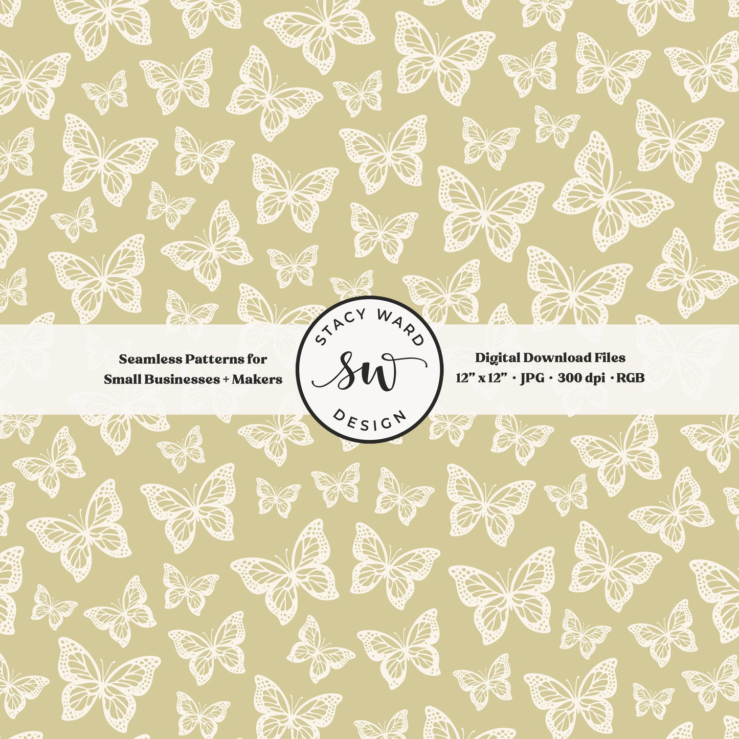 Simple butterfly illustration seamless pattern in cream on earth tone yellowish green small vintage inspired butterflies
