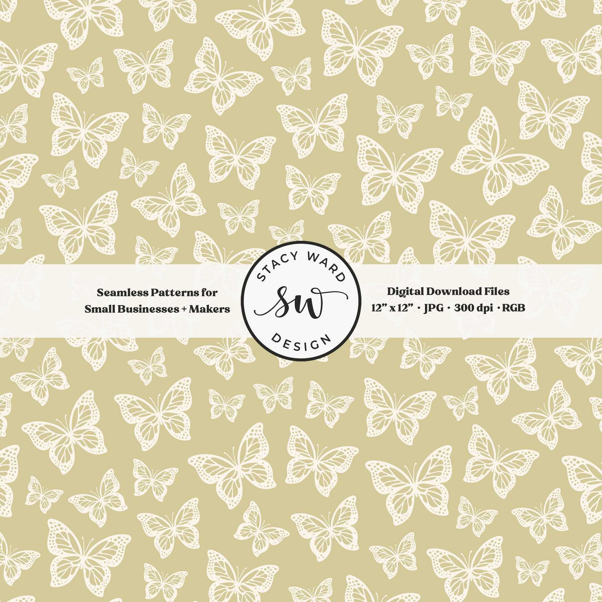Simple butterfly illustration seamless pattern in cream on earth tone yellowish green small vintage inspired butterflies