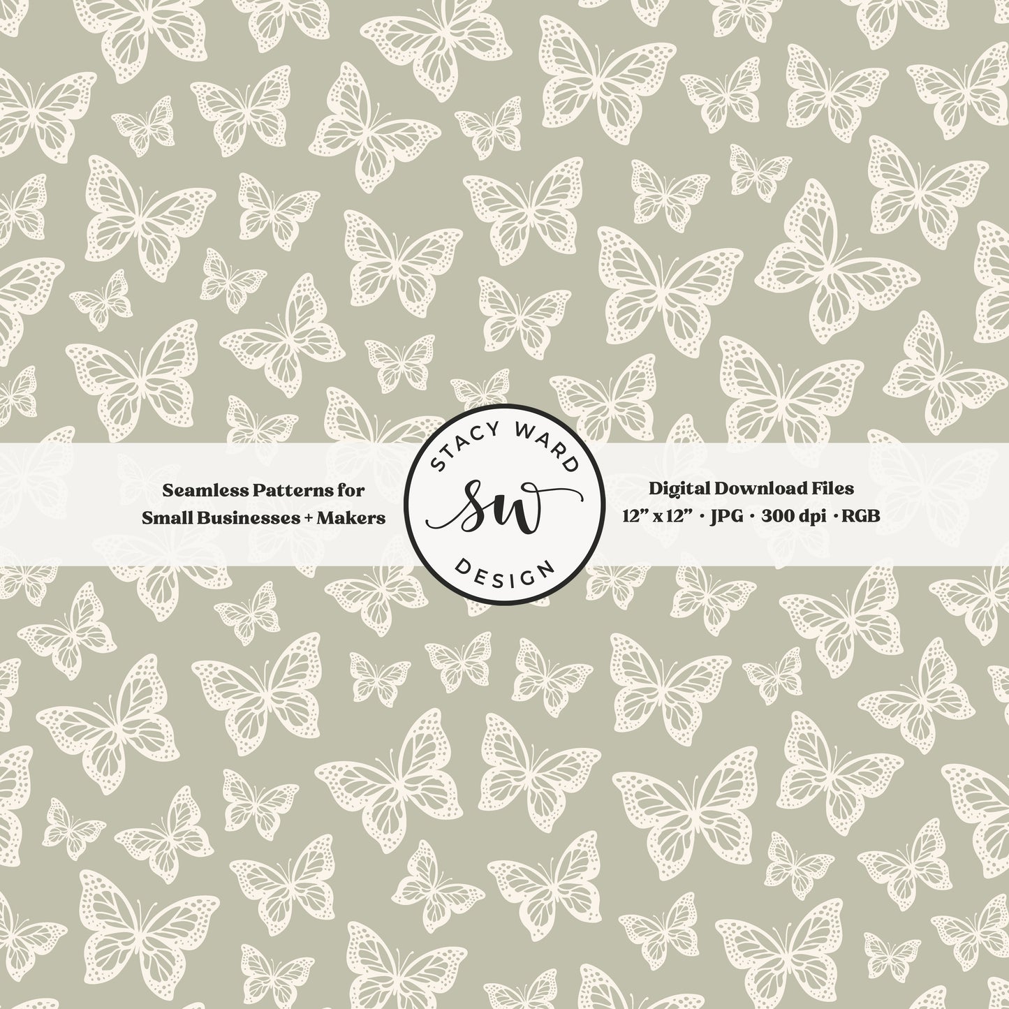 Simple butterfly illustration seamless pattern in cream on soft dusty sage small vintage inspired butterflies