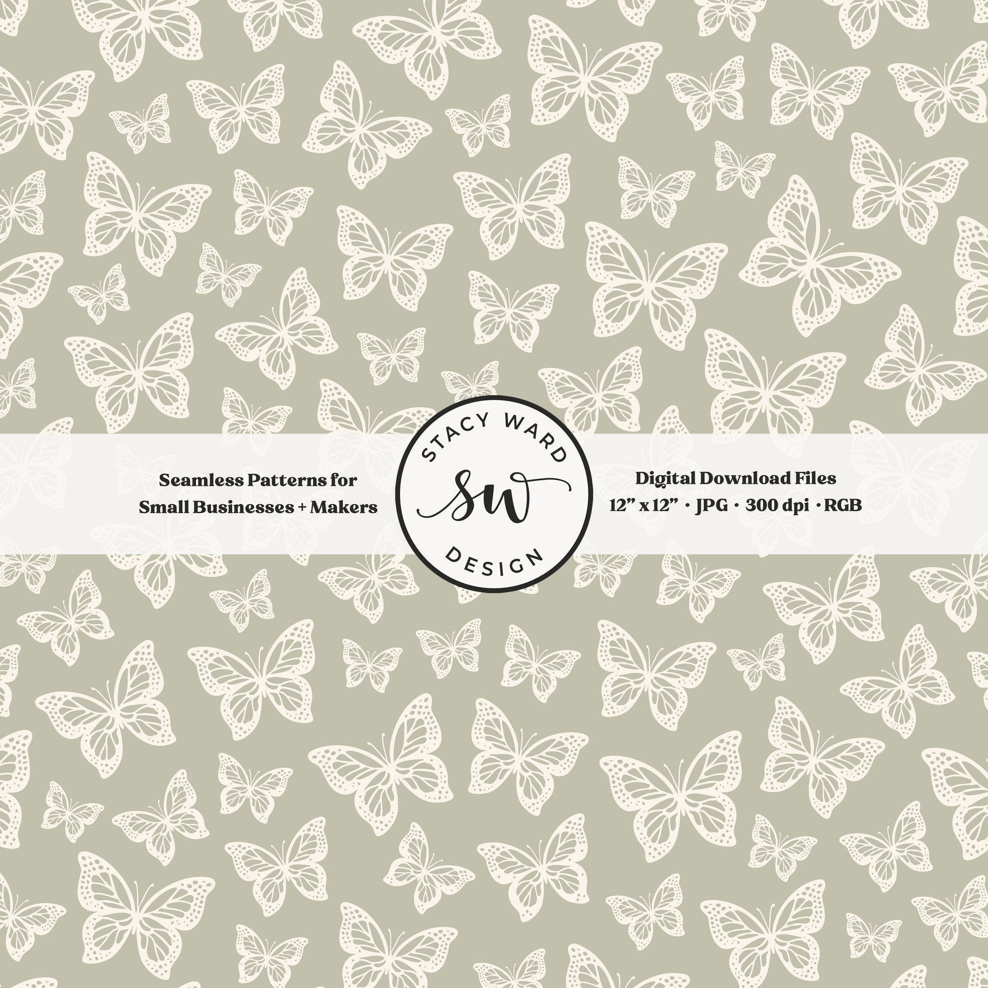 Simple butterfly illustration seamless pattern in cream on soft dusty sage small vintage inspired butterflies