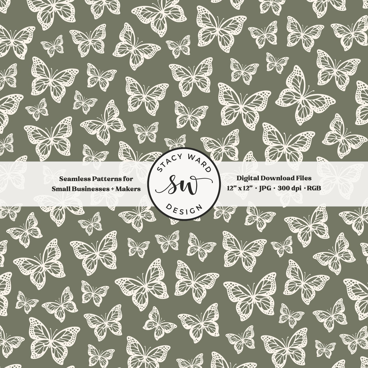 Simple butterfly illustration seamless pattern in cream on earth tone camouflage green small vintage inspired butterflies