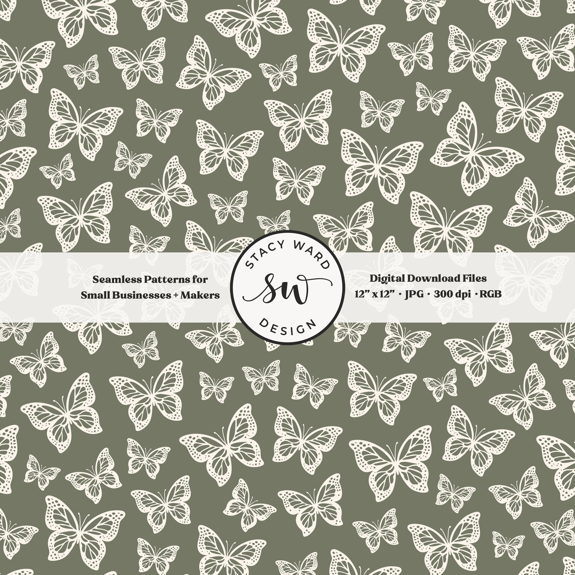 Simple butterfly illustration seamless pattern in cream on earth tone camouflage green small vintage inspired butterflies