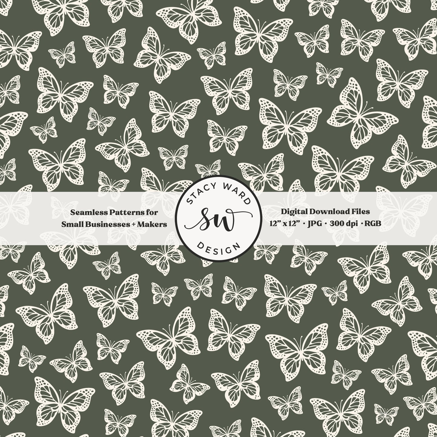 Simple butterfly illustration seamless pattern in cream on masculine dark green small vintage inspired butterflies