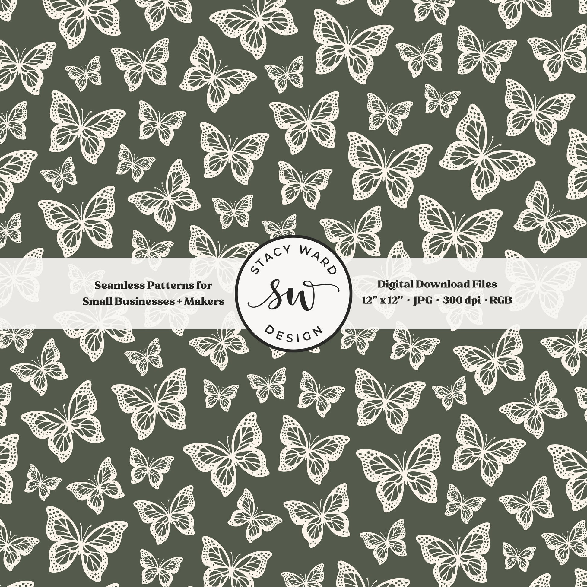 Simple butterfly illustration seamless pattern in cream on masculine dark green small vintage inspired butterflies