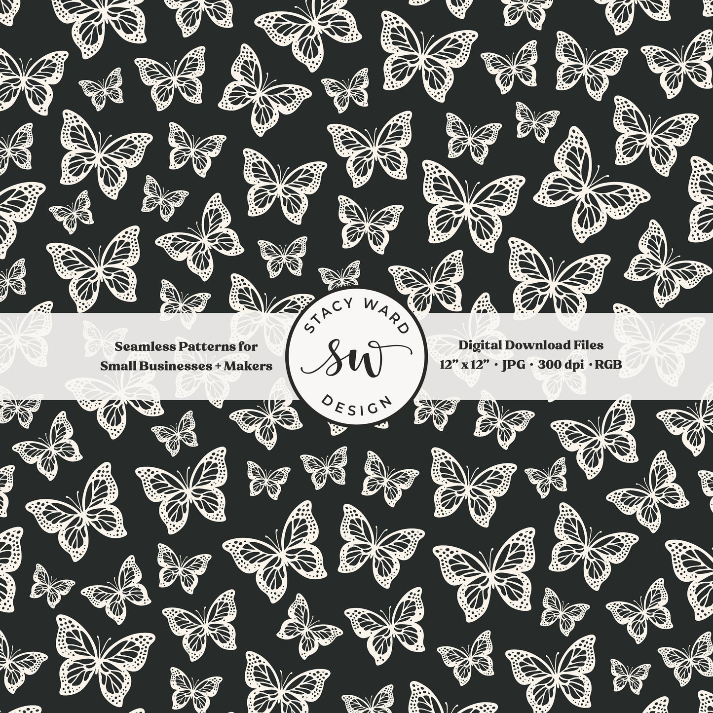 Simple butterfly illustration seamless pattern in cream on bold dark graphite small vintage inspired butterflies