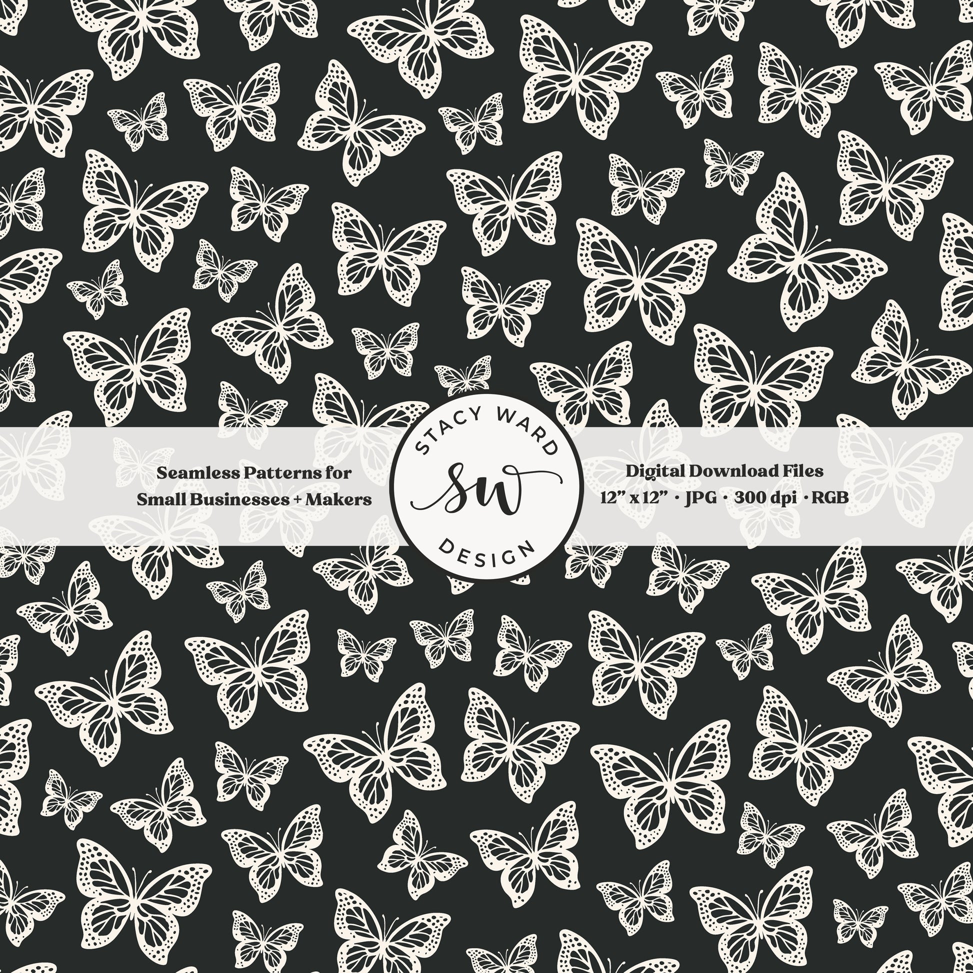 Simple butterfly illustration seamless pattern in cream on bold dark graphite small vintage inspired butterflies