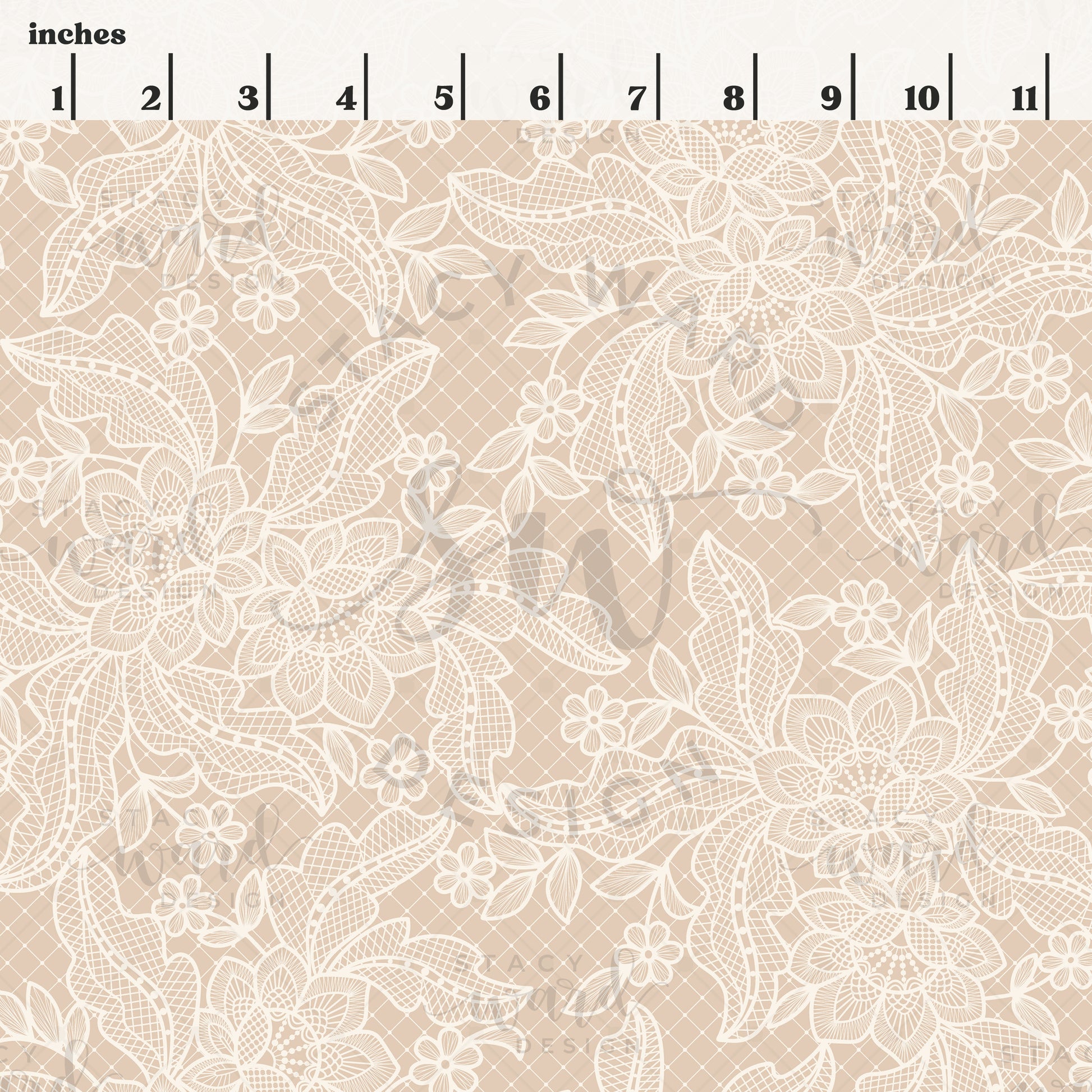 Scale reference for coquette floral lace seamless pattern showing repeat size in inches