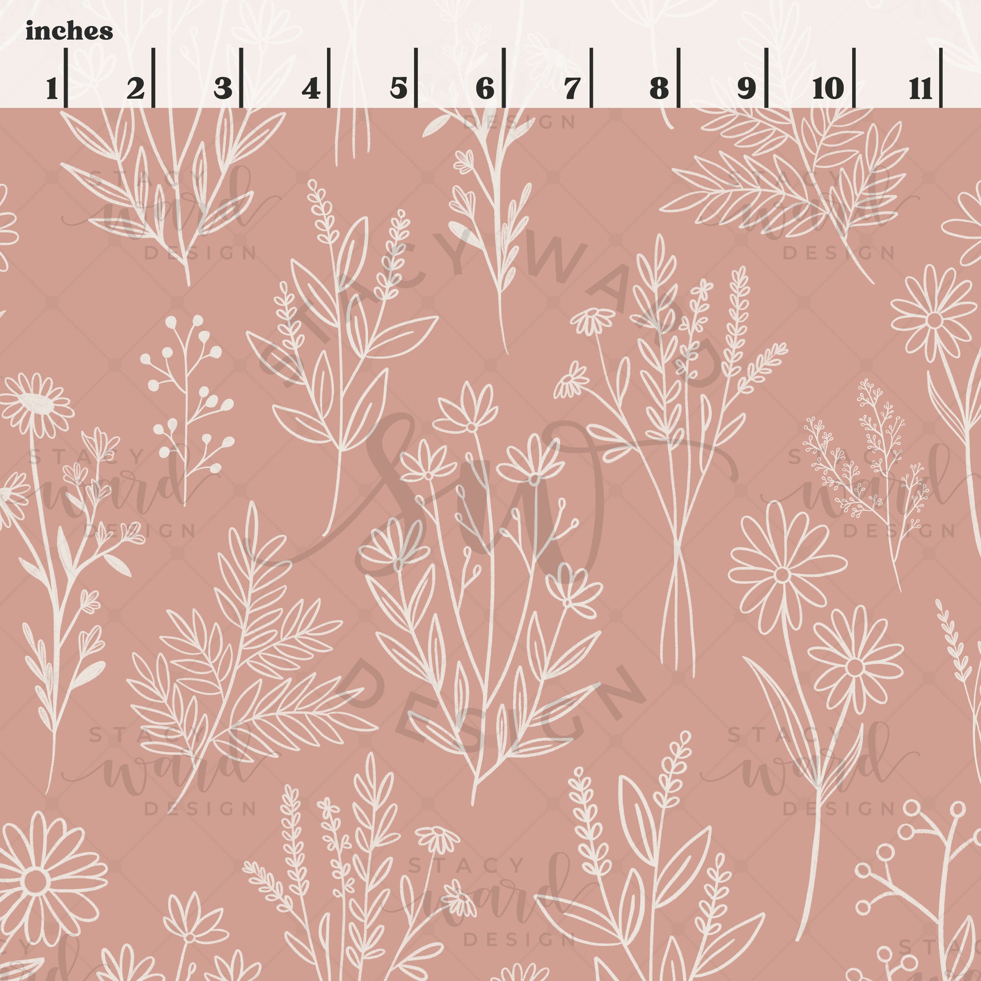 Scale reference for wildflower line art seamless pattern showing repeat size in inches