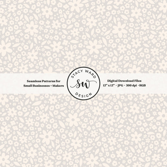 Hand drawn cottagecore floral seamless fabric design for commercial use, cream on soft pale greige, cozy countryside ditsy floral
