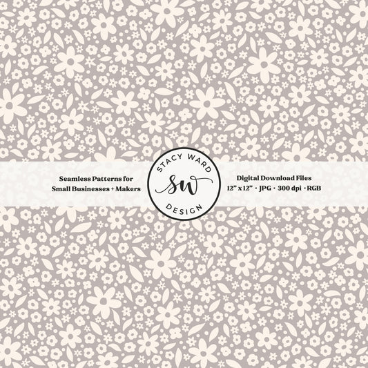 Hand drawn cottagecore floral seamless fabric design for commercial use, cream on neutral grayish brown, whimsical countryside ditsy floral