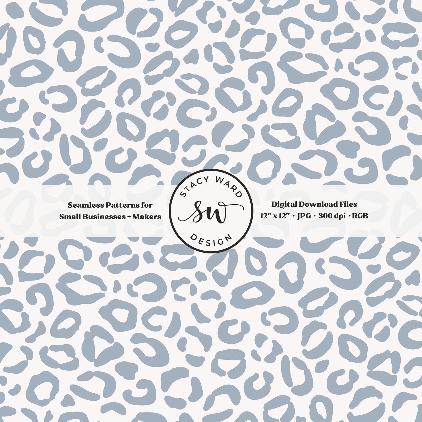 Hand drawn leopard print seamless pattern in dusty light steel blue on off white modern coastal animal spots