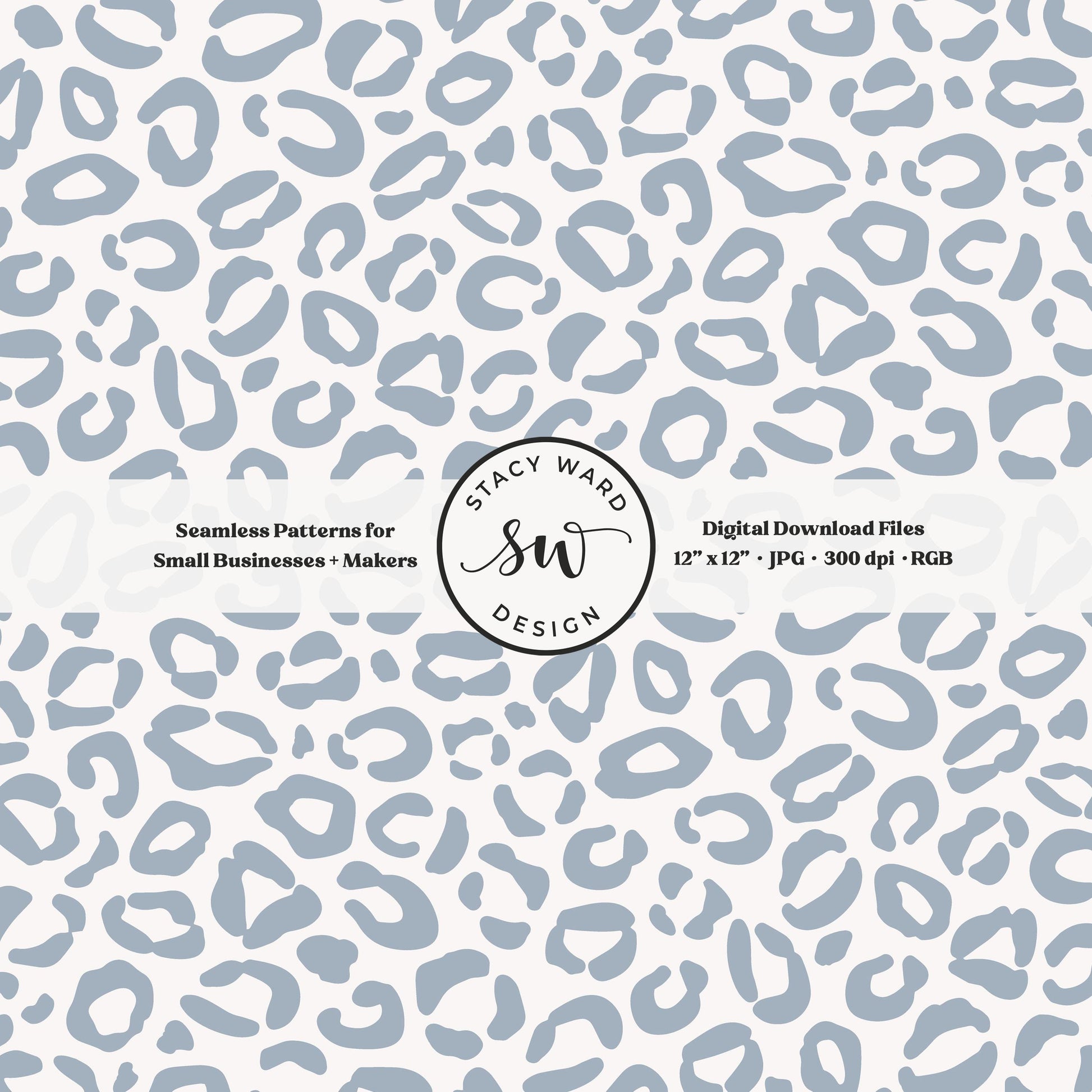 Hand drawn leopard print seamless pattern in dusty light steel blue on off white modern coastal animal spots