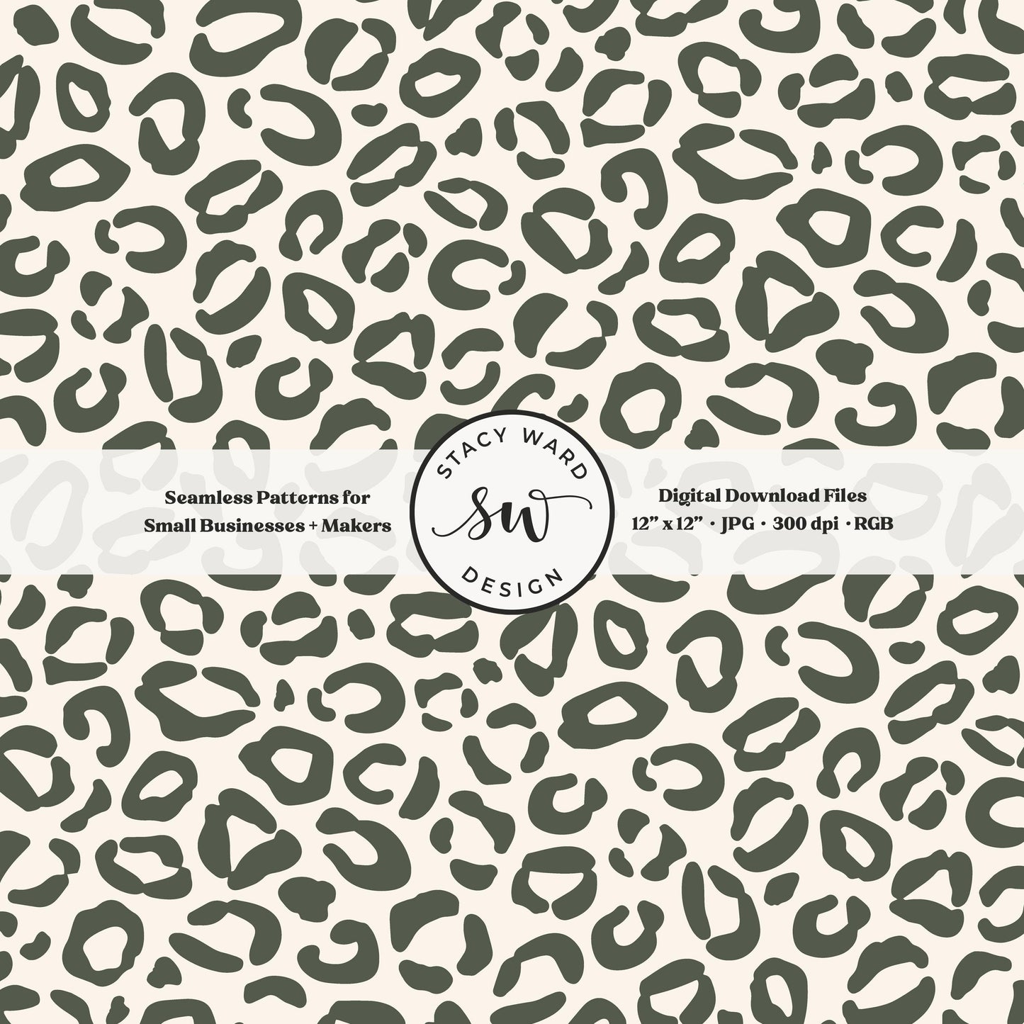 Hand drawn leopard print seamless pattern in masculine dark green on cream modern boho animal spots