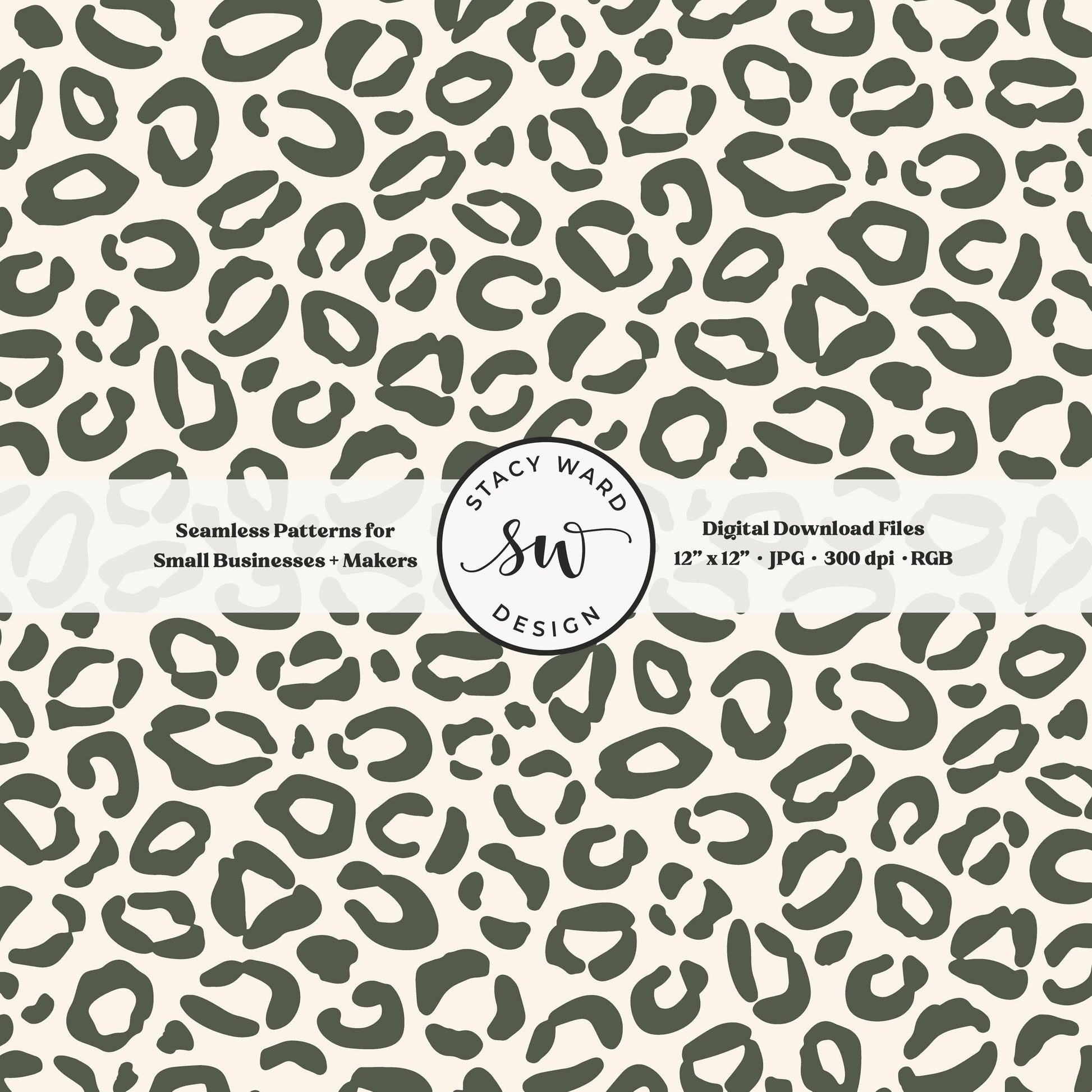 Hand drawn leopard print seamless pattern in masculine dark green on cream modern boho animal spots