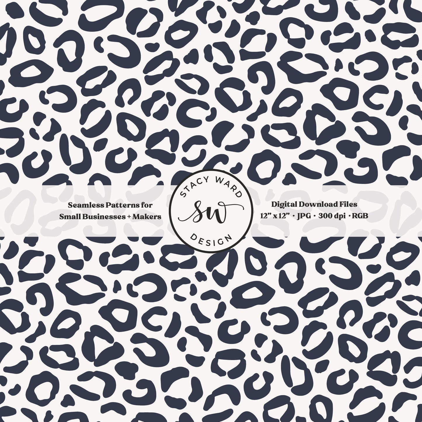 Hand drawn leopard print seamless pattern in dark indigo blue on off white modern coastal animal spots