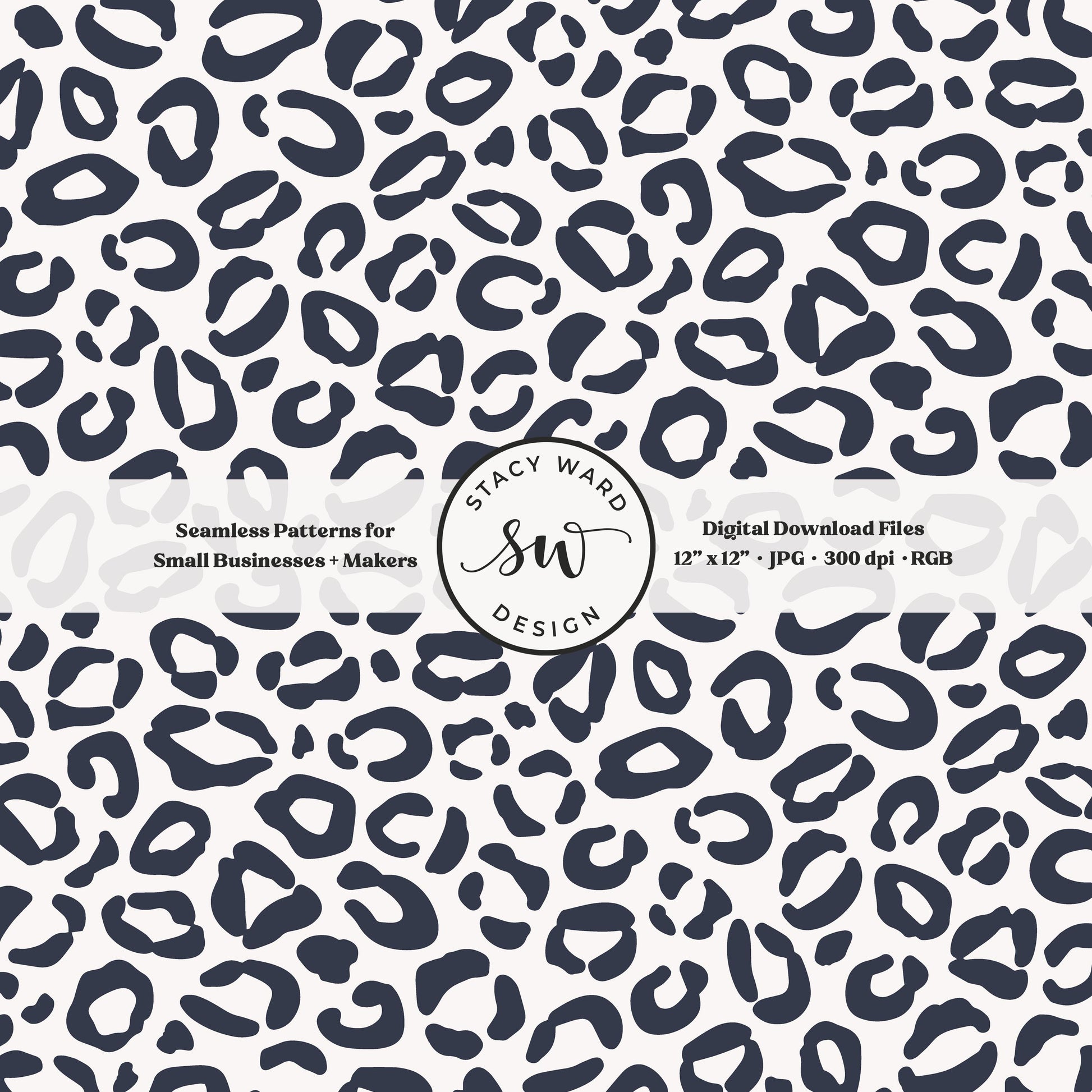 Hand drawn leopard print seamless pattern in dark indigo blue on off white modern coastal animal spots