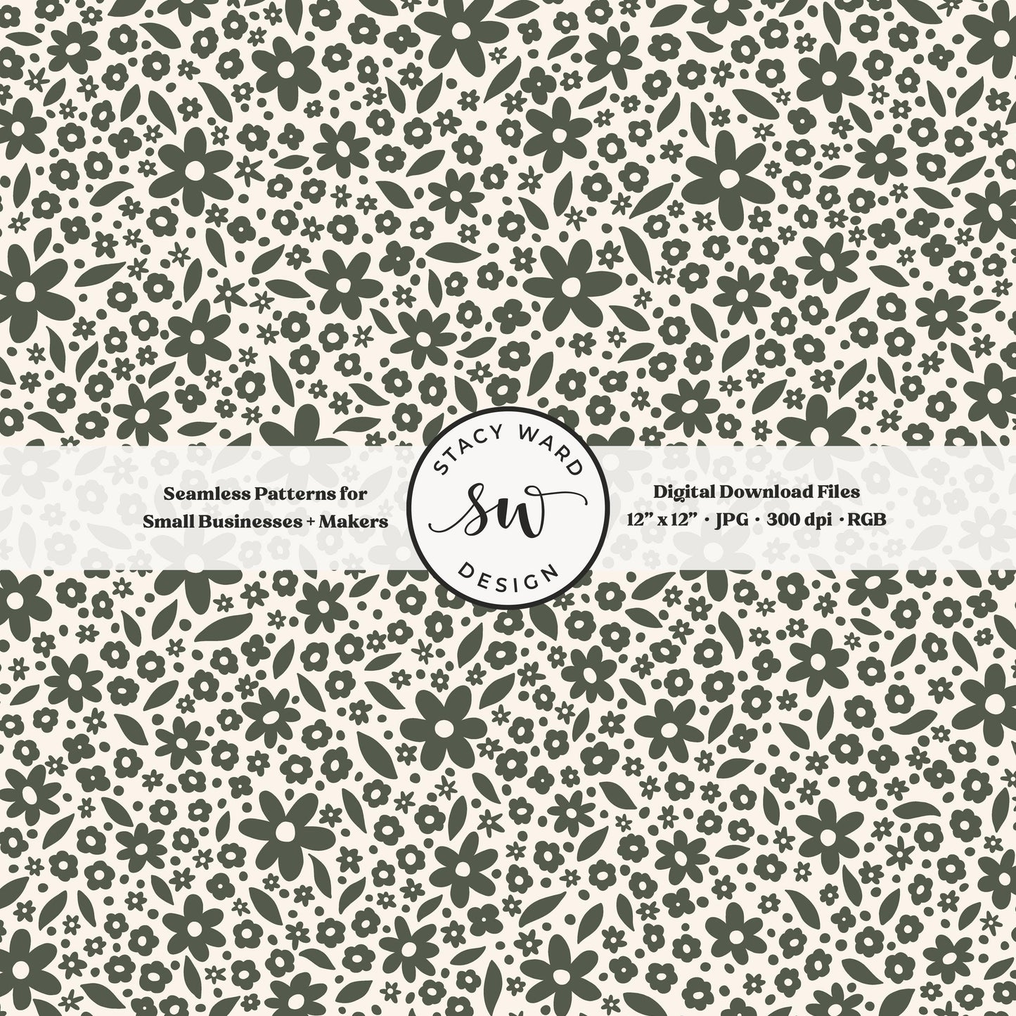 Hand drawn ditsy floral seamless pattern in masculine dark green on cream nostalgic cottagecore small dainty flowers