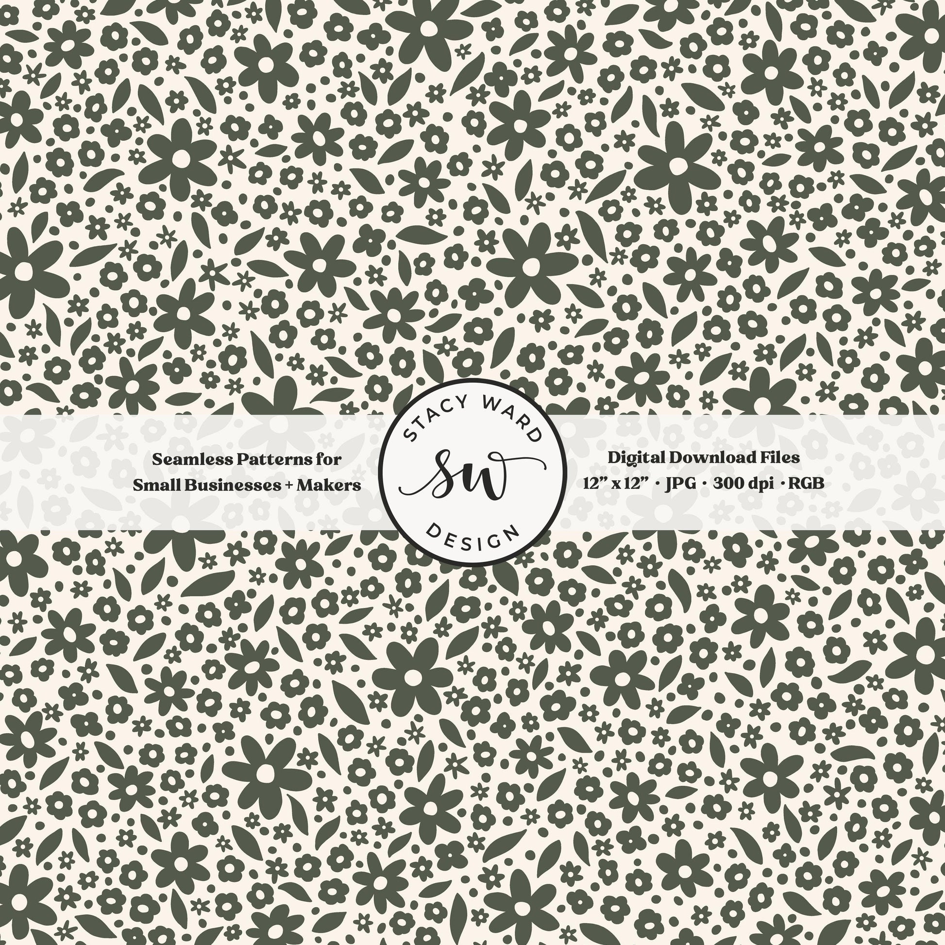 Hand drawn ditsy floral seamless pattern in masculine dark green on cream nostalgic cottagecore small dainty flowers