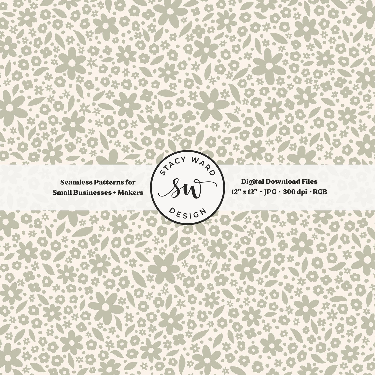 Hand drawn ditsy floral seamless pattern in soft dusty sage on cream whimsical cottagecore small dainty flowers