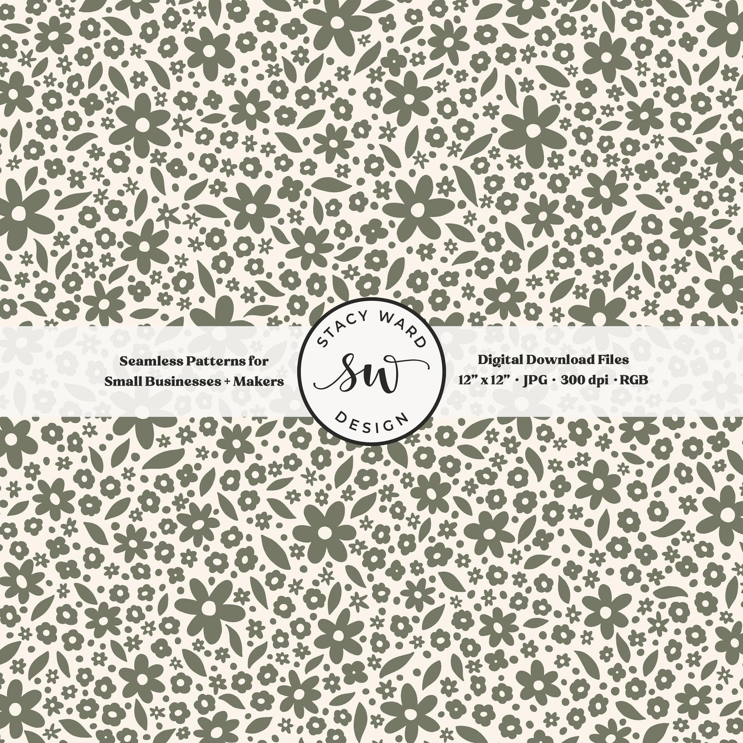 Hand drawn ditsy floral seamless pattern in earth tone camouflage green on cream vintage cottagecore small dainty flowers