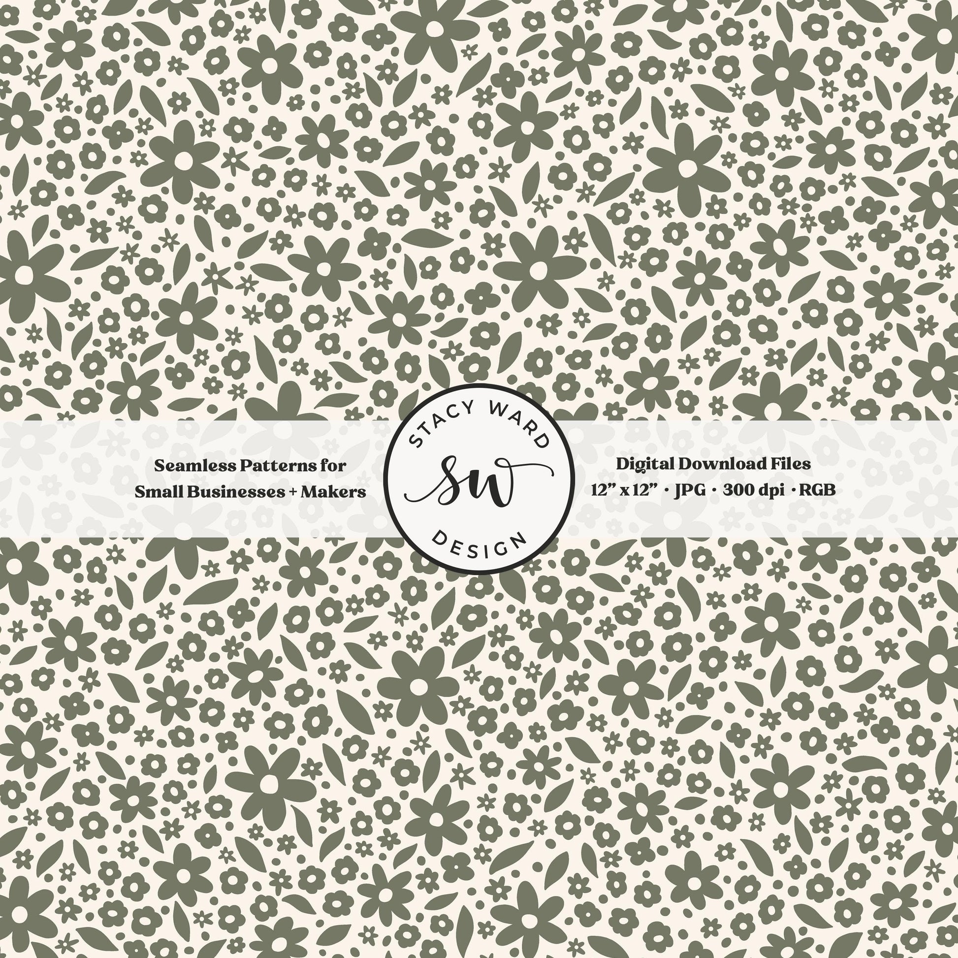 Hand drawn ditsy floral seamless pattern in earth tone camouflage green on cream vintage cottagecore small dainty flowers