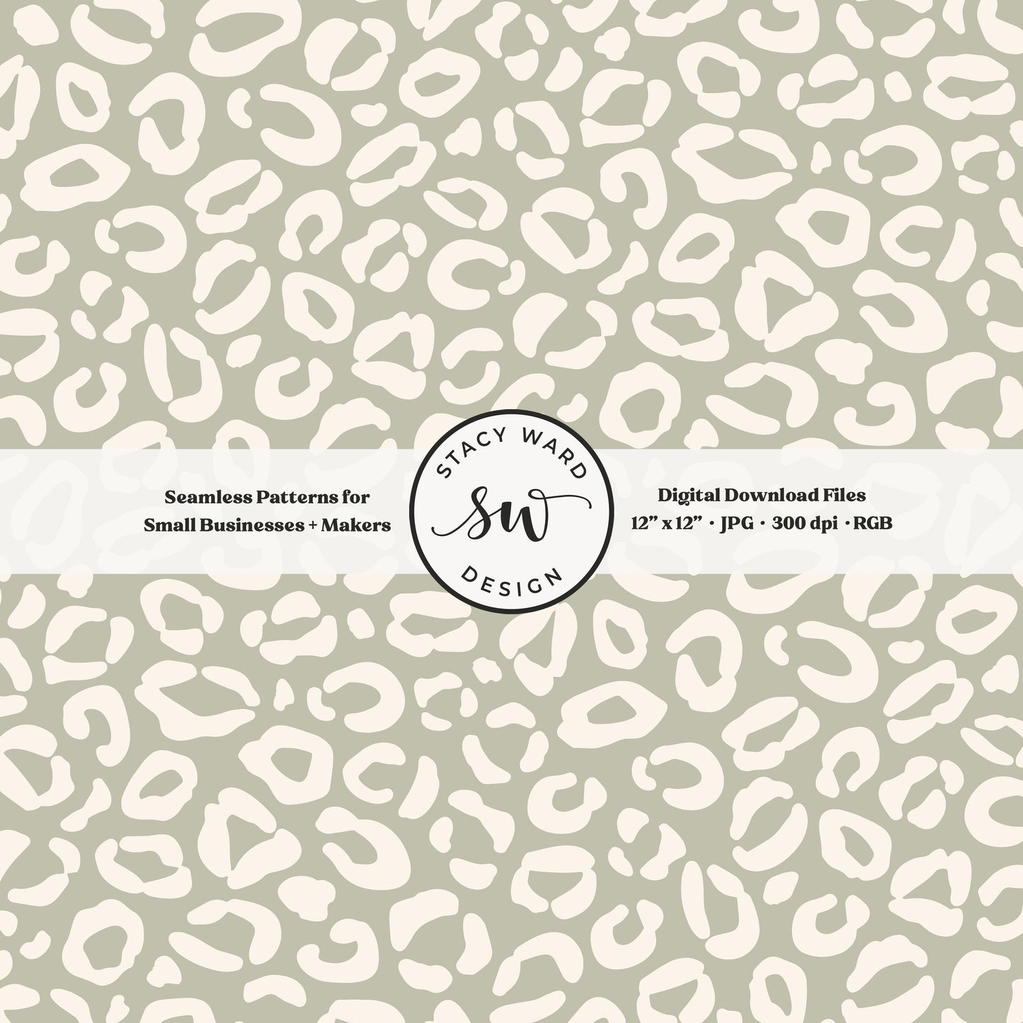 Cheetah print seamless fabric design for commercial use, off white ivory on soft dusty sage, modern minimal leopard skin