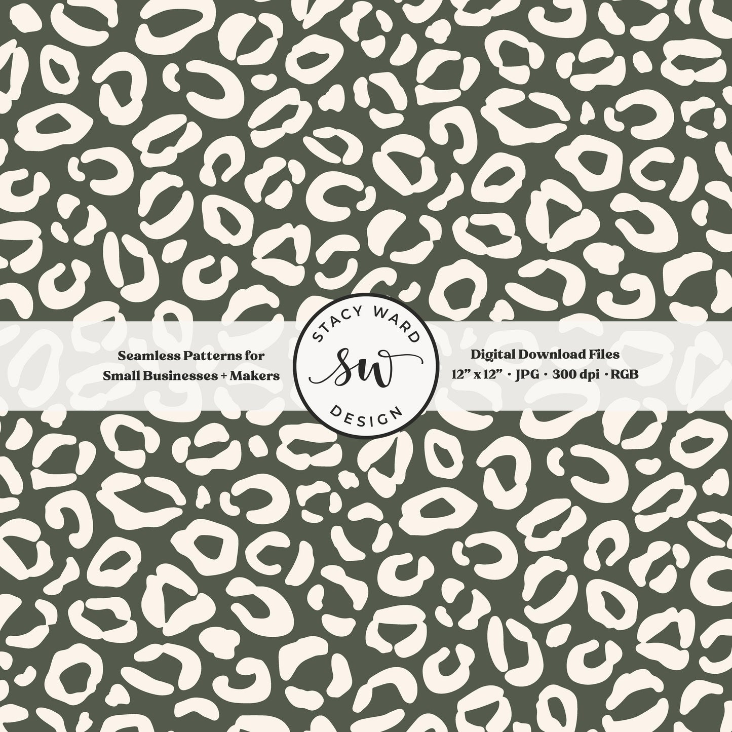Cheetah print seamless fabric design for commercial use, off white ivory on masculine dark green, modern boho leopard skin