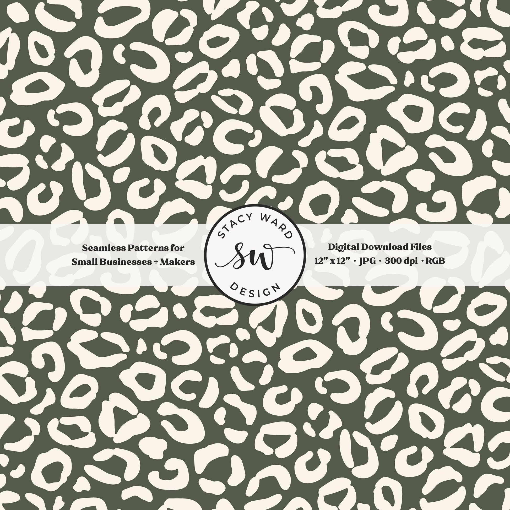 Cheetah print seamless fabric design for commercial use, off white ivory on masculine dark green, modern boho leopard skin