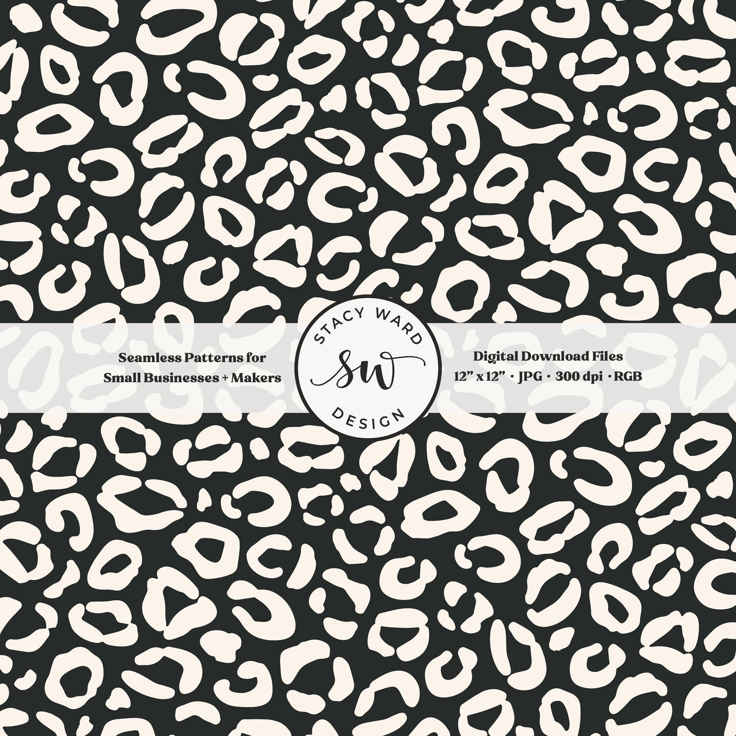 Cheetah print seamless fabric design for commercial use, off white ivory on bold dark graphite, modern preppy leopard skin