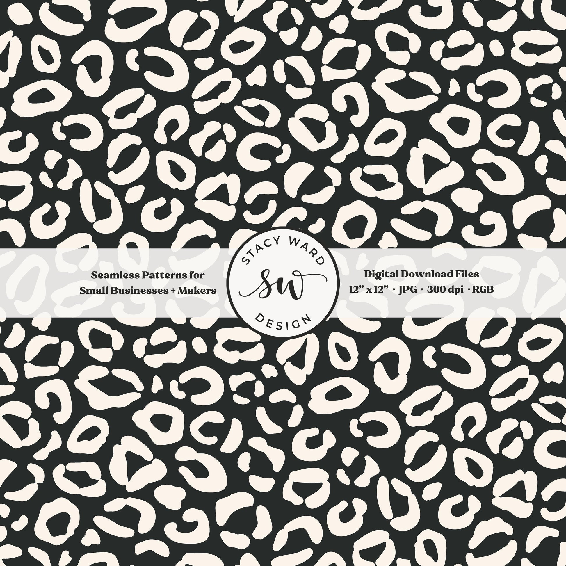 Cheetah print seamless fabric design for commercial use, off white ivory on bold dark graphite, modern preppy leopard skin