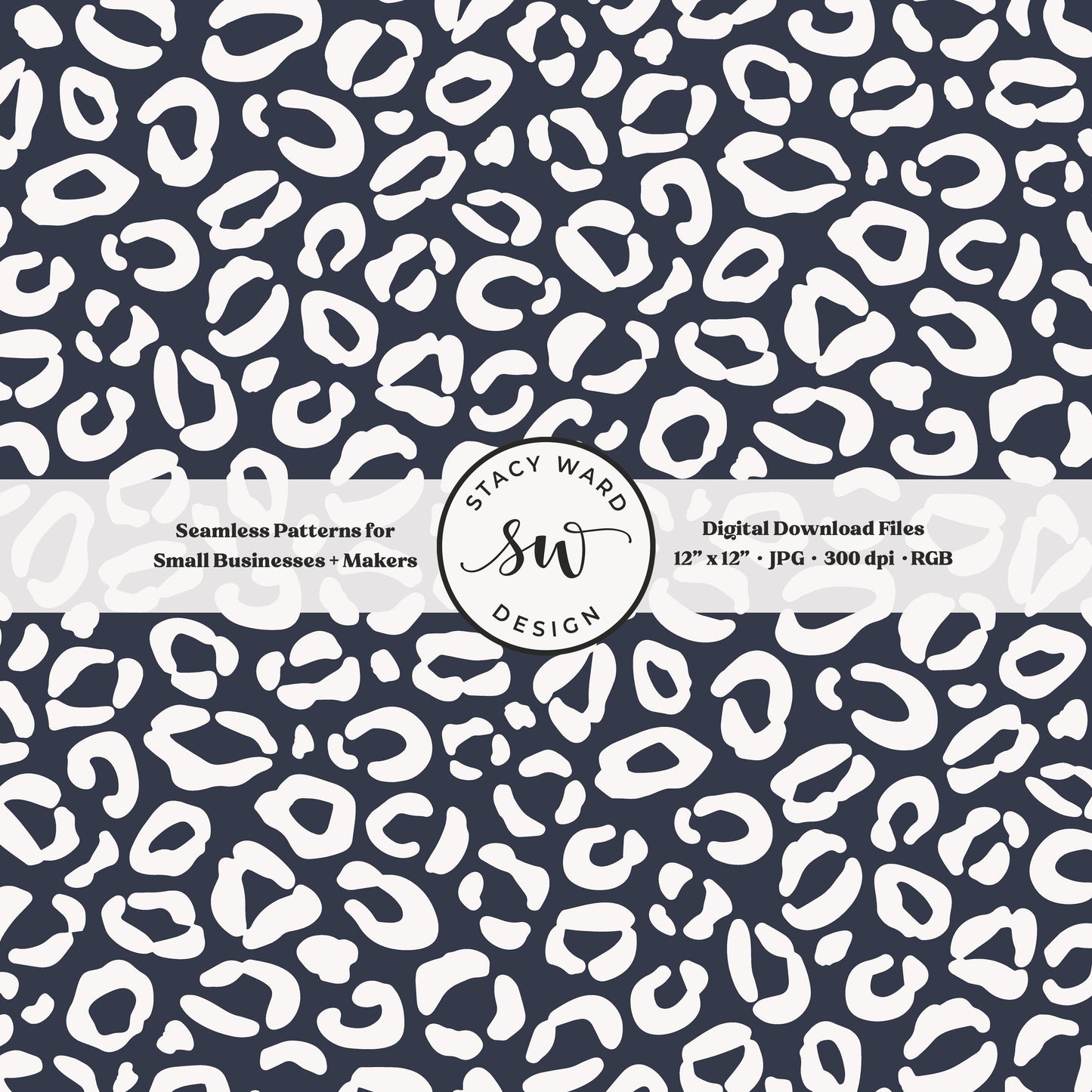 Cheetah print seamless fabric design for commercial use, off white on dark indigo blue, modern coastal leopard skin