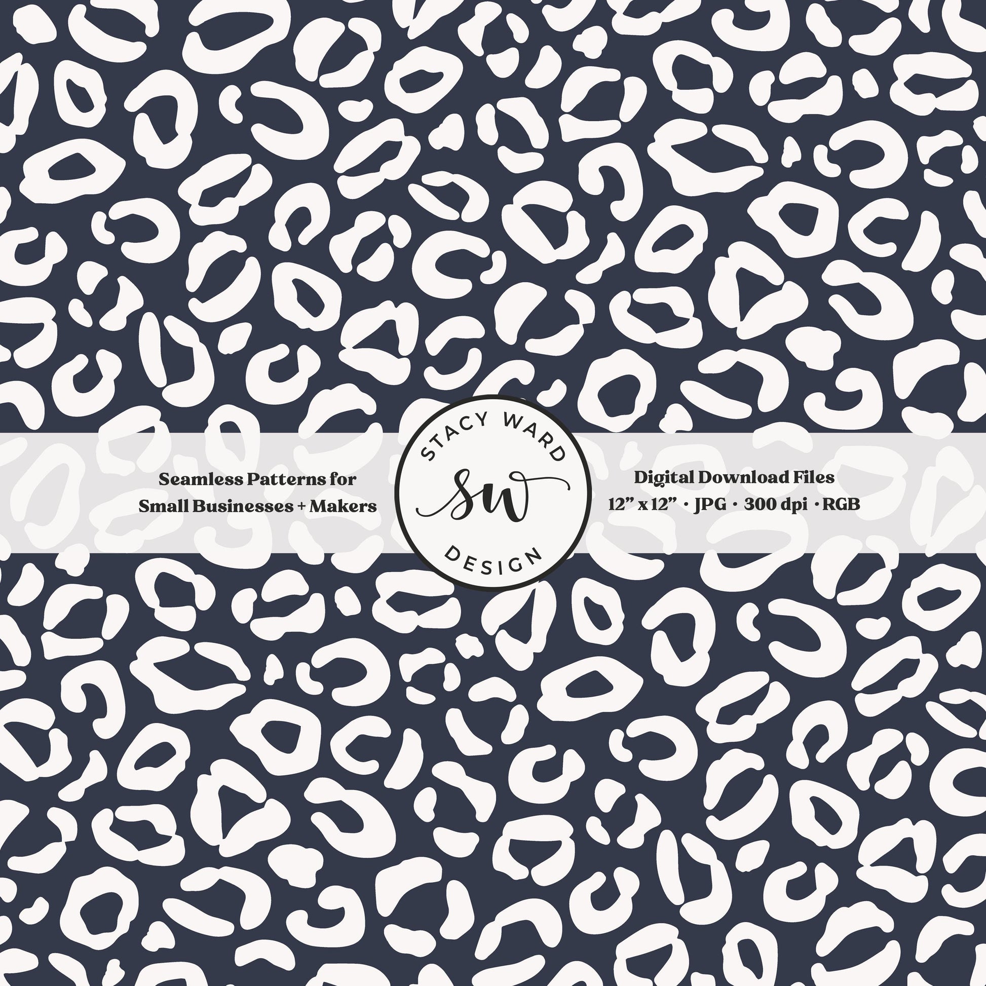 Cheetah print seamless fabric design for commercial use, off white on dark indigo blue, modern coastal leopard skin