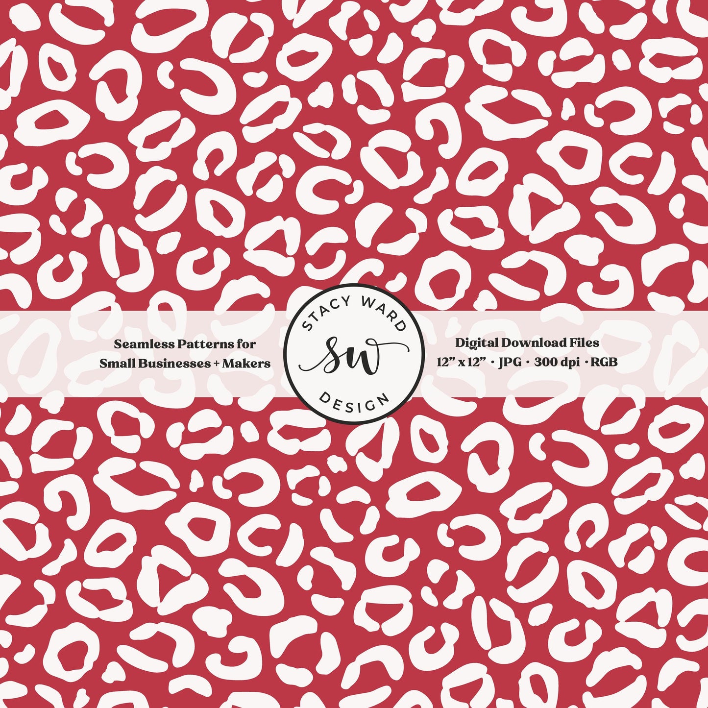 Cheetah print seamless fabric design for commercial use, off white on summer watermelon red, whimsical preppy leopard skin