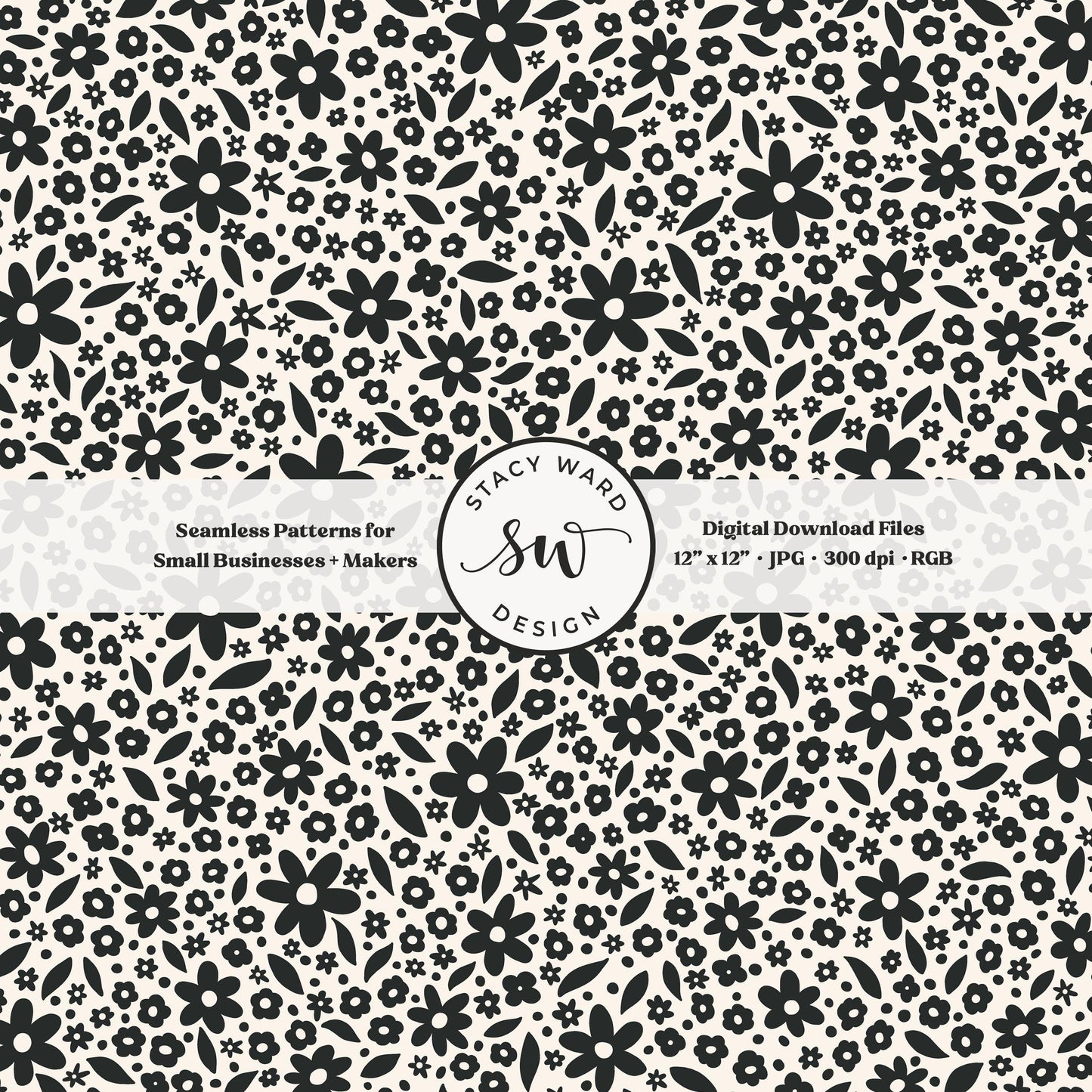 Hand drawn ditsy floral seamless pattern in bold dark graphite on cream retro cottagecore small dainty flowers