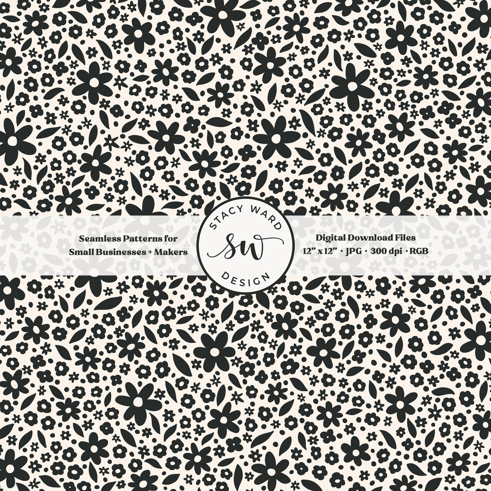 Hand drawn ditsy floral seamless pattern in bold dark graphite on cream retro cottagecore small dainty flowers