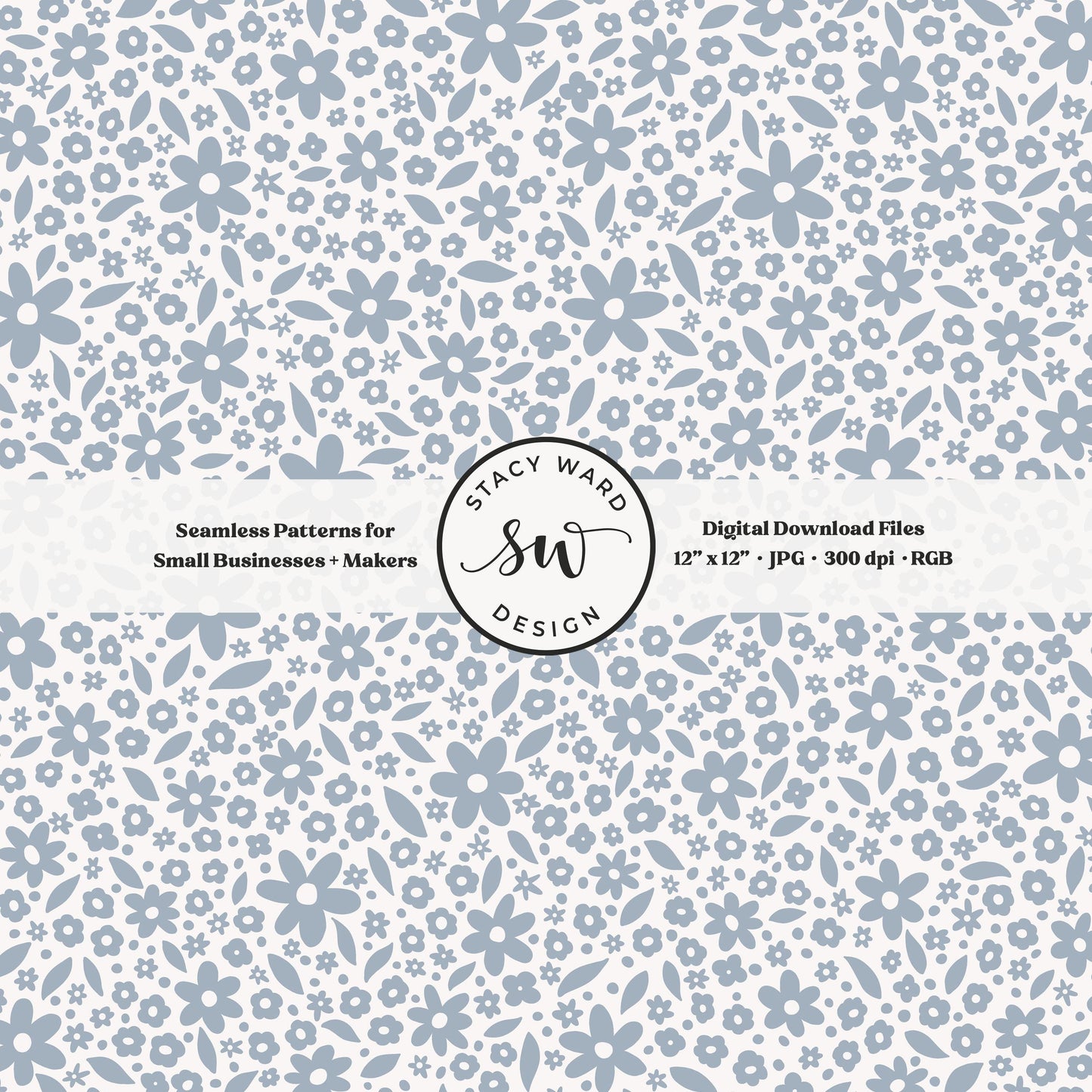 Hand drawn ditsy floral seamless pattern in dusty light steel blue on off white cozy cottagecore small dainty flowers