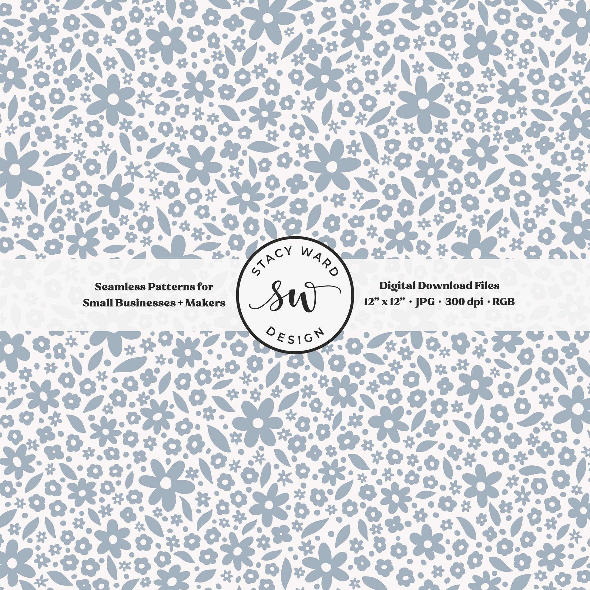 Hand drawn ditsy floral seamless pattern in dusty light steel blue on off white cozy cottagecore small dainty flowers