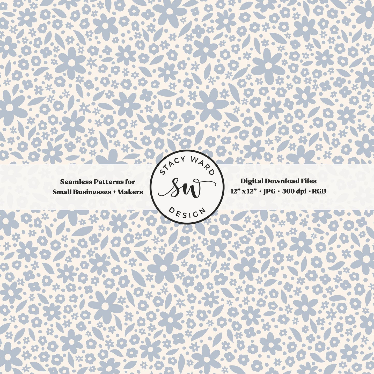 Hand drawn ditsy floral seamless pattern in preppy coastal blue on cream nostalgic cottagecore small dainty flowers