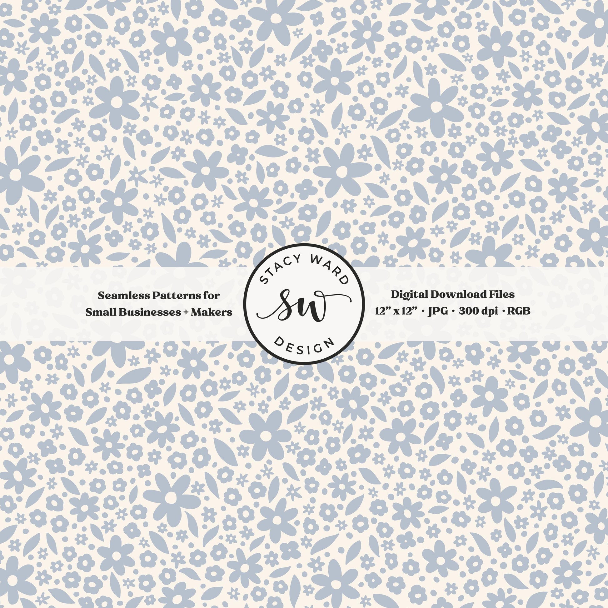 Hand drawn ditsy floral seamless pattern in preppy coastal blue on cream nostalgic cottagecore small dainty flowers