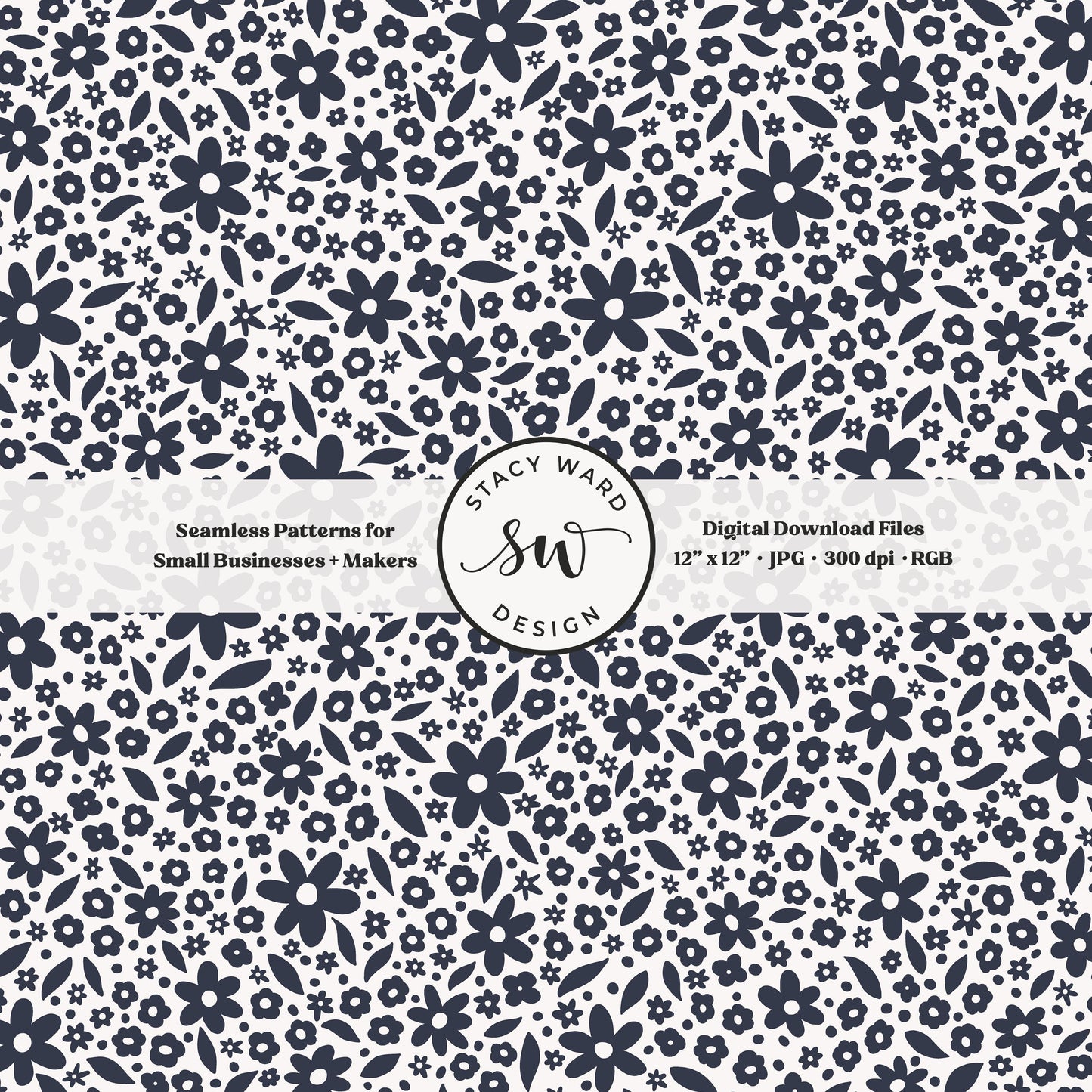 Hand drawn ditsy floral seamless pattern in dark indigo blue on off white minimal cottagecore small dainty flowers