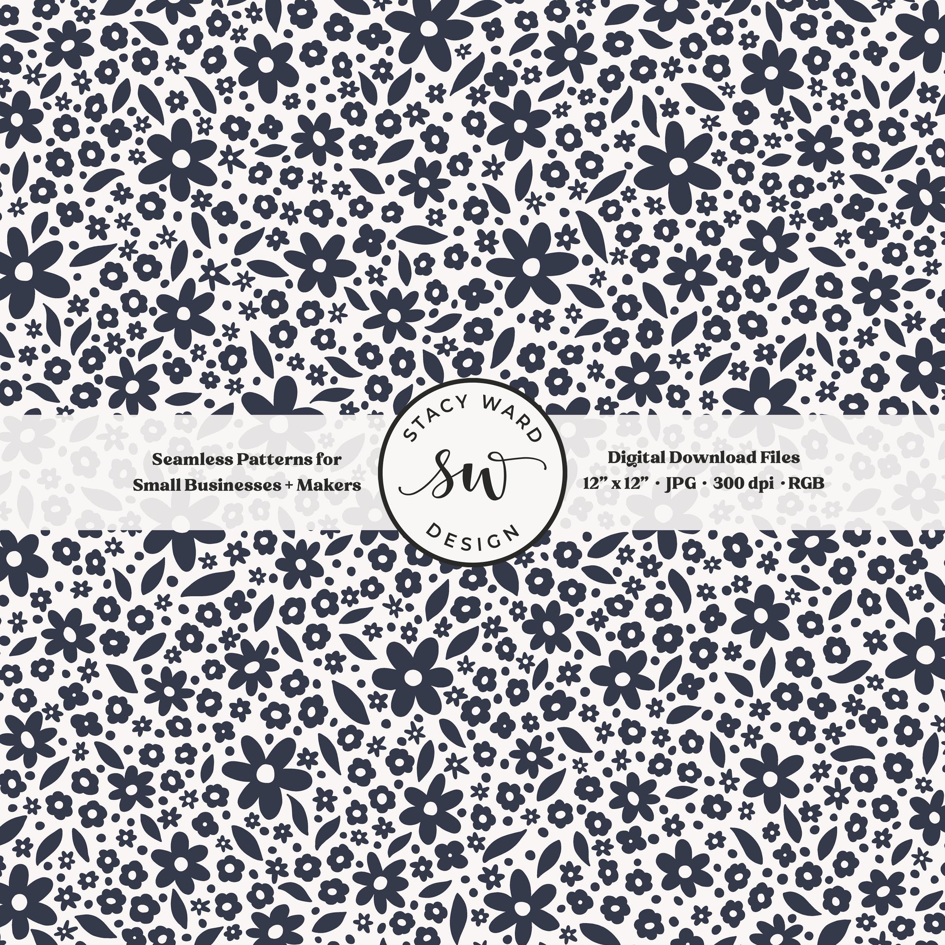 Hand drawn ditsy floral seamless pattern in dark indigo blue on off white minimal cottagecore small dainty flowers